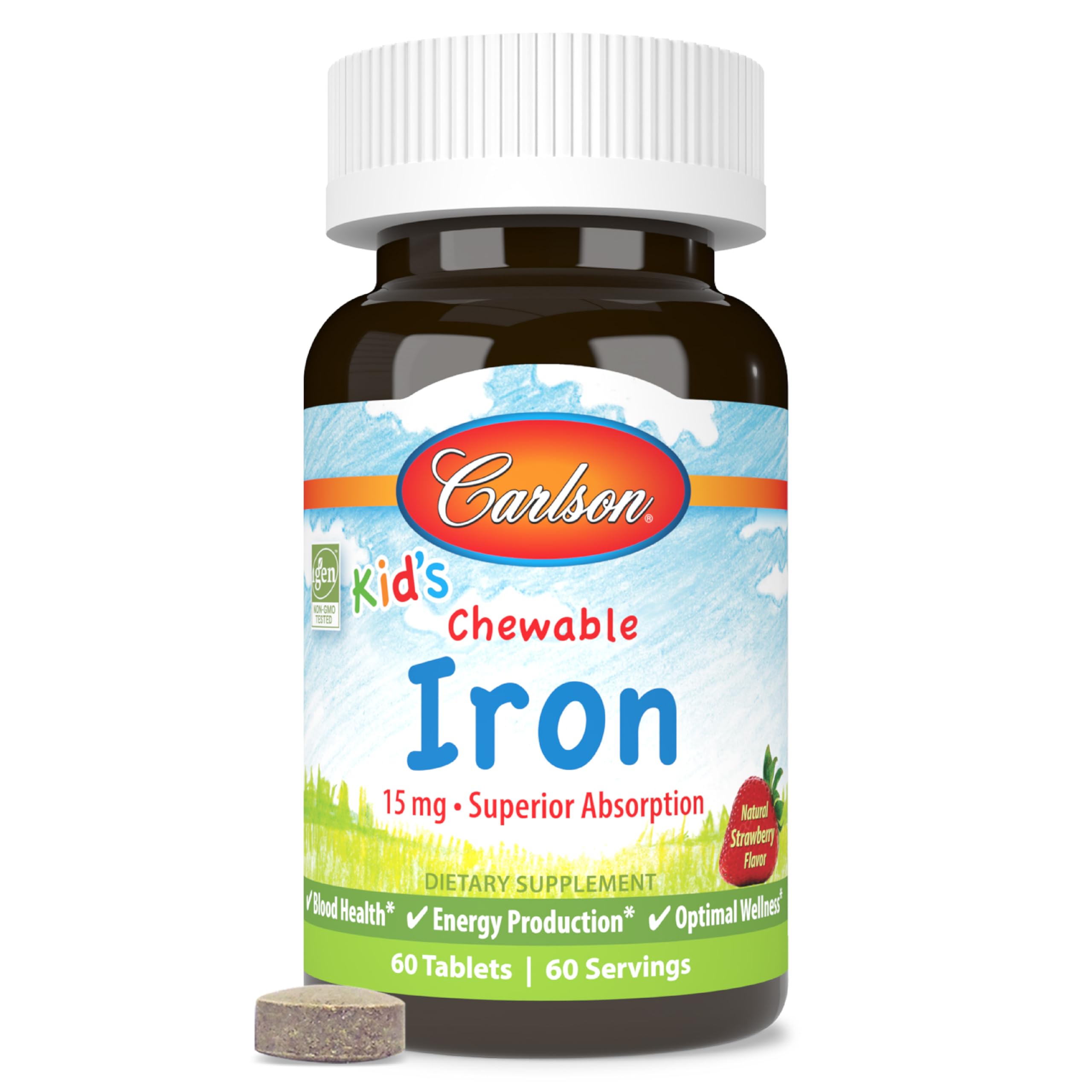 Carlson Kid's Chewable Iron 15 mg | Superior Absorption, 60 Tablets