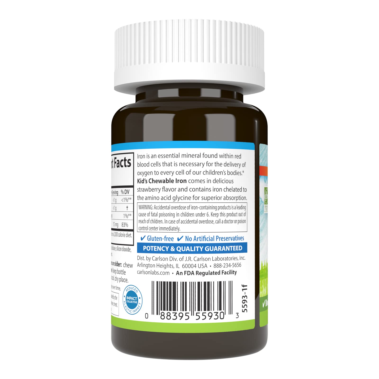 Carlson Kid's Chewable Iron 15 mg – Strawberry Flavor, 30 Tablets (Pack of 2)