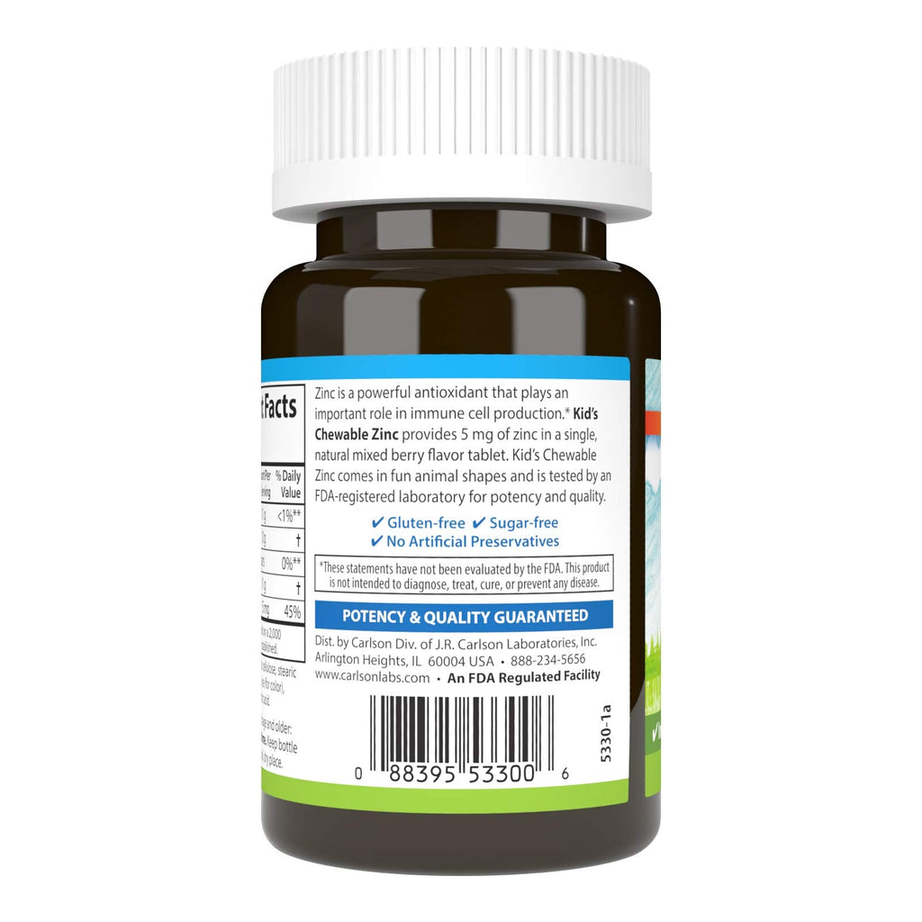 Carlson Kids' Chewable Zinc 5 mg – Immune Support, Antioxidant Power | Berry Flavor, 42 Tablets