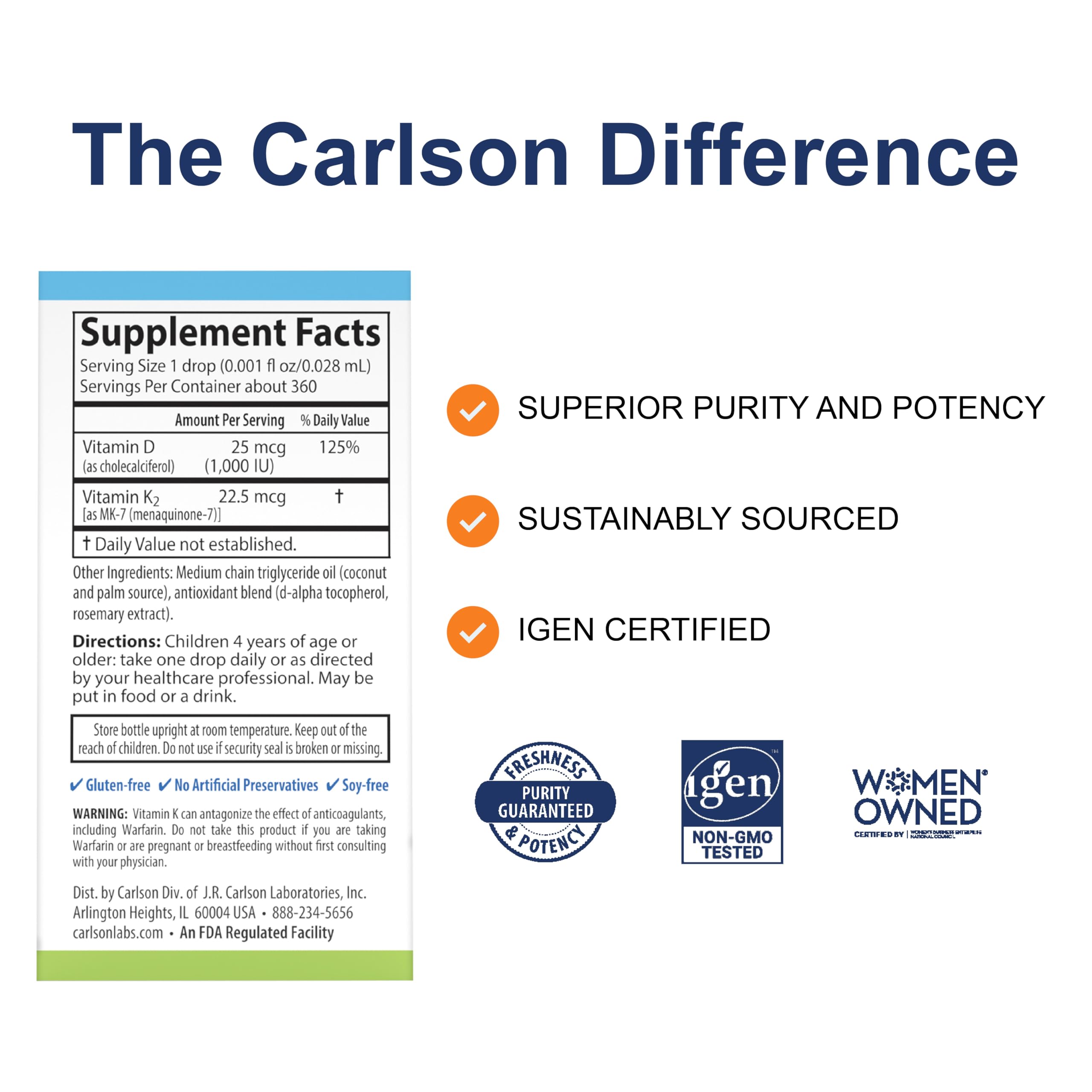 Carlson Kid's Super Daily D3+K2 Drops – 1000 IU D3, 22.5 mcg K2, Unflavored, 360 Drops
