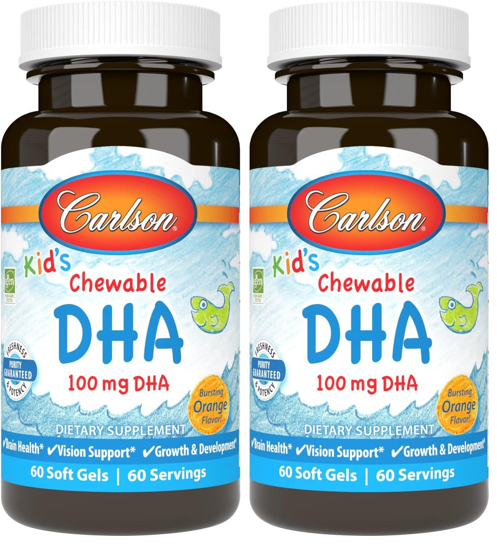 Carlson Kid's Chewable DHA 100 mg – Brain & Vision Support, Orange, 60 Softgels (Pack of 2)