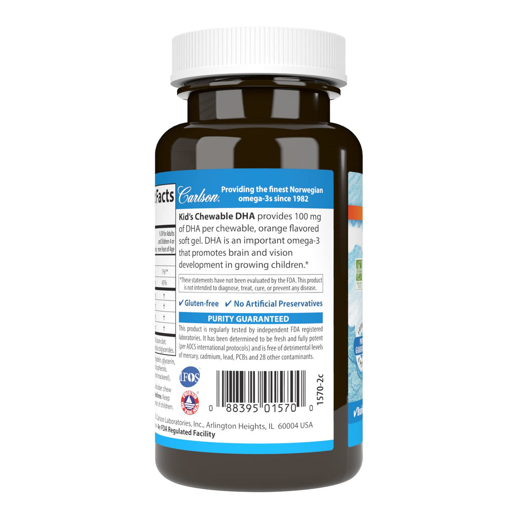 Carlson Kid's Chewable DHA 100 mg – Brain & Vision Support, Orange, 60 Softgels (Pack of 2)