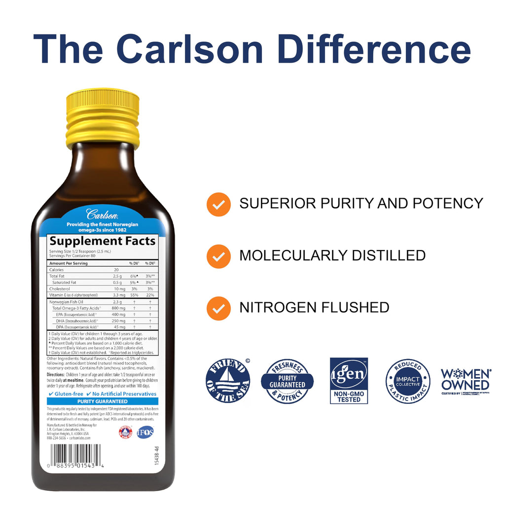 Carlson Kid's The Very Finest Fish Oil Liquid - 800 mg Omega-3s, Lemon, 200 ml