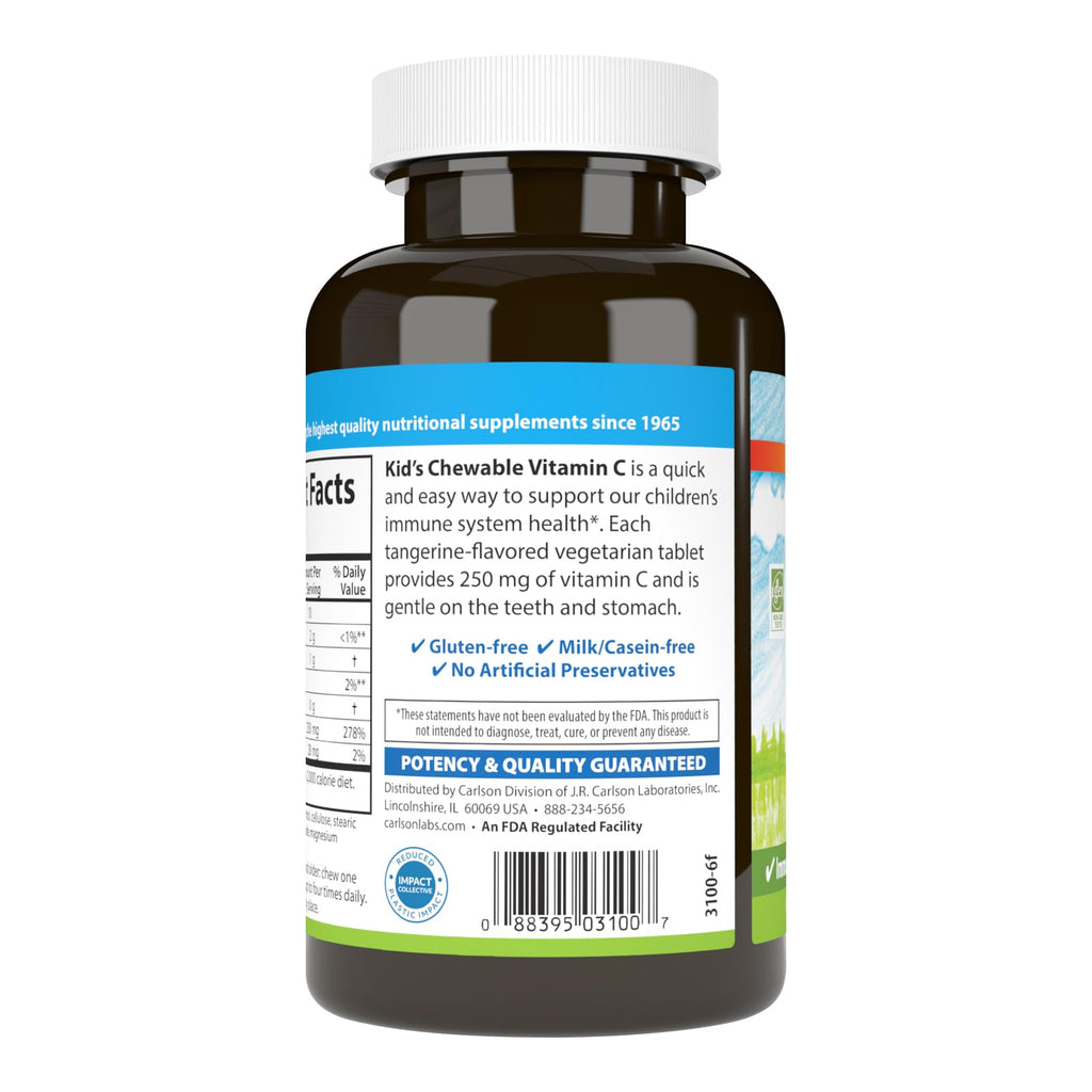 Carlson Kid's Vitamin C 250 mg Chewables – Tangerine, 60 Tabs | Immune Support