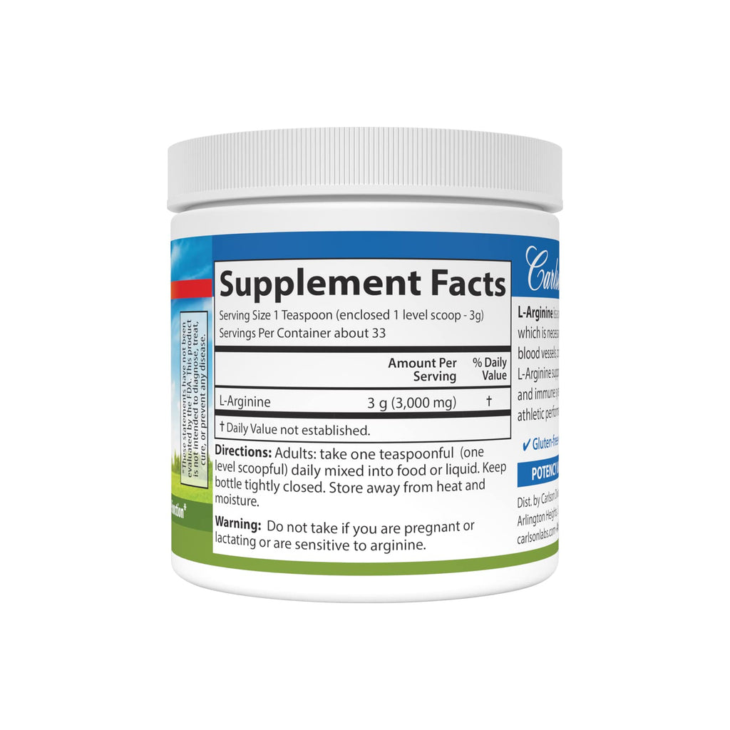 Carlson L-Arginine Powder – Free-Form Amino Acid for Circulatory Health – 3.53 oz (100 g)