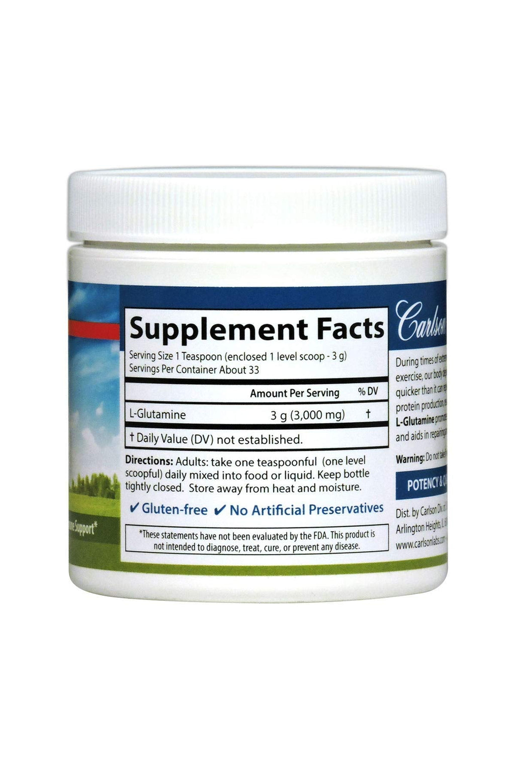 Carlson - L-Glutamine Powder, Free-Form Amino Acid, 3 g, Muscle Tissue Production & Function, Immune Support, 3.53 oz (100 g)