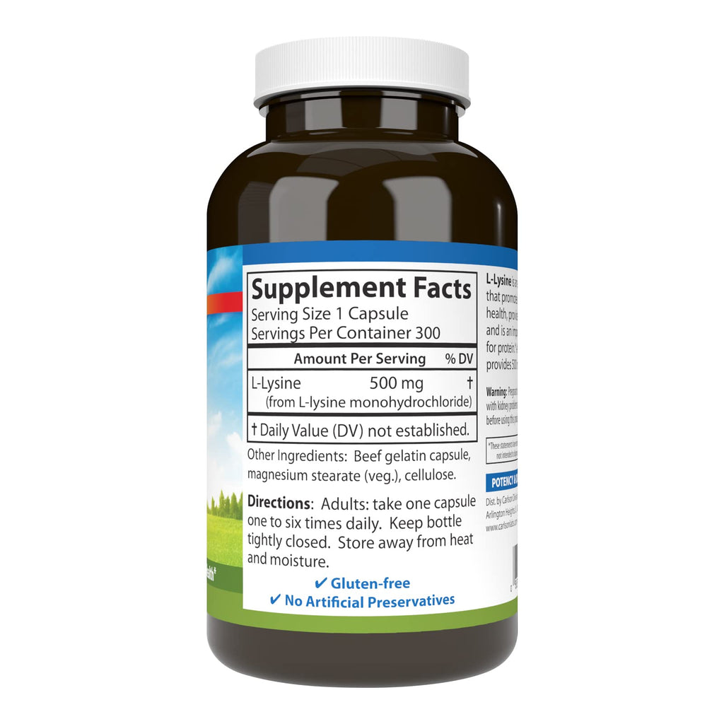 Carlson L-Lysine 500 mg – Supports Healthy Tissue & Muscle Development | 300 Capsules