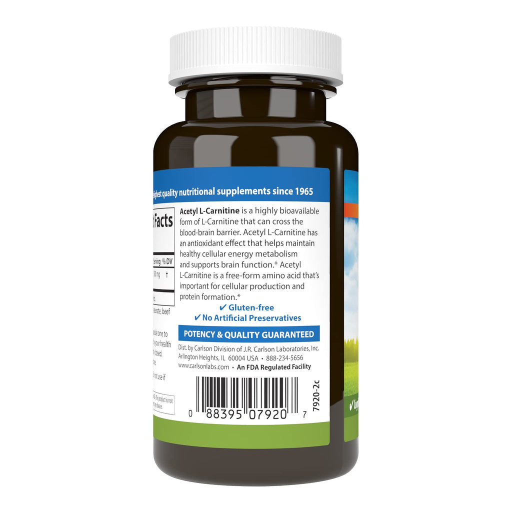 Carlson Labs Acetyl L-Carnitine 500mg | 60 Capsules – Cognitive Health & Heart Support
