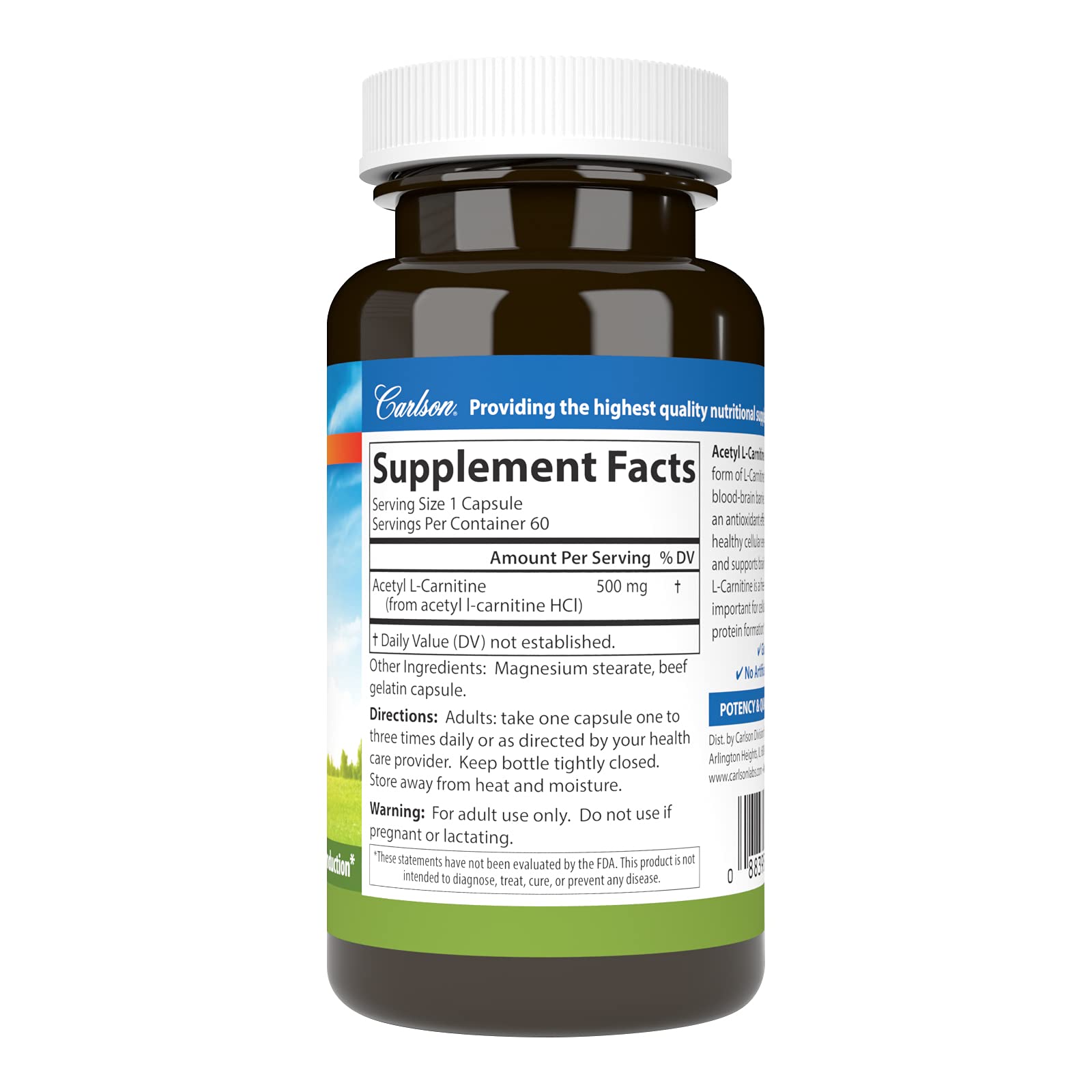 Carlson Labs Acetyl L-Carnitine 500mg | 60 Capsules – Cognitive Health & Heart Support