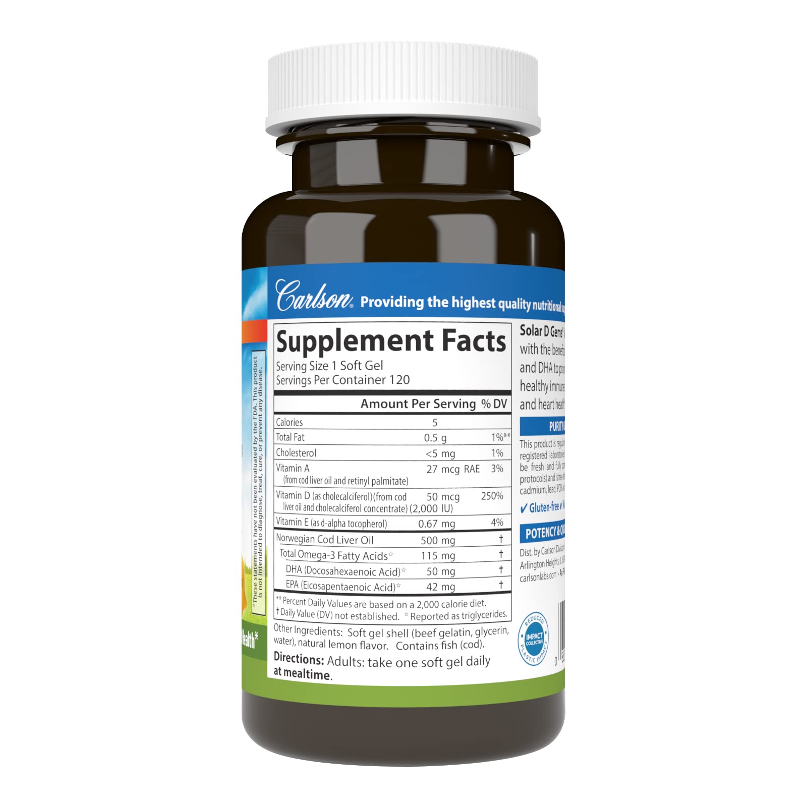 Carlson Labs Solar D Gems Natural Vitamin D3 2000 IU, 120 Softgels
