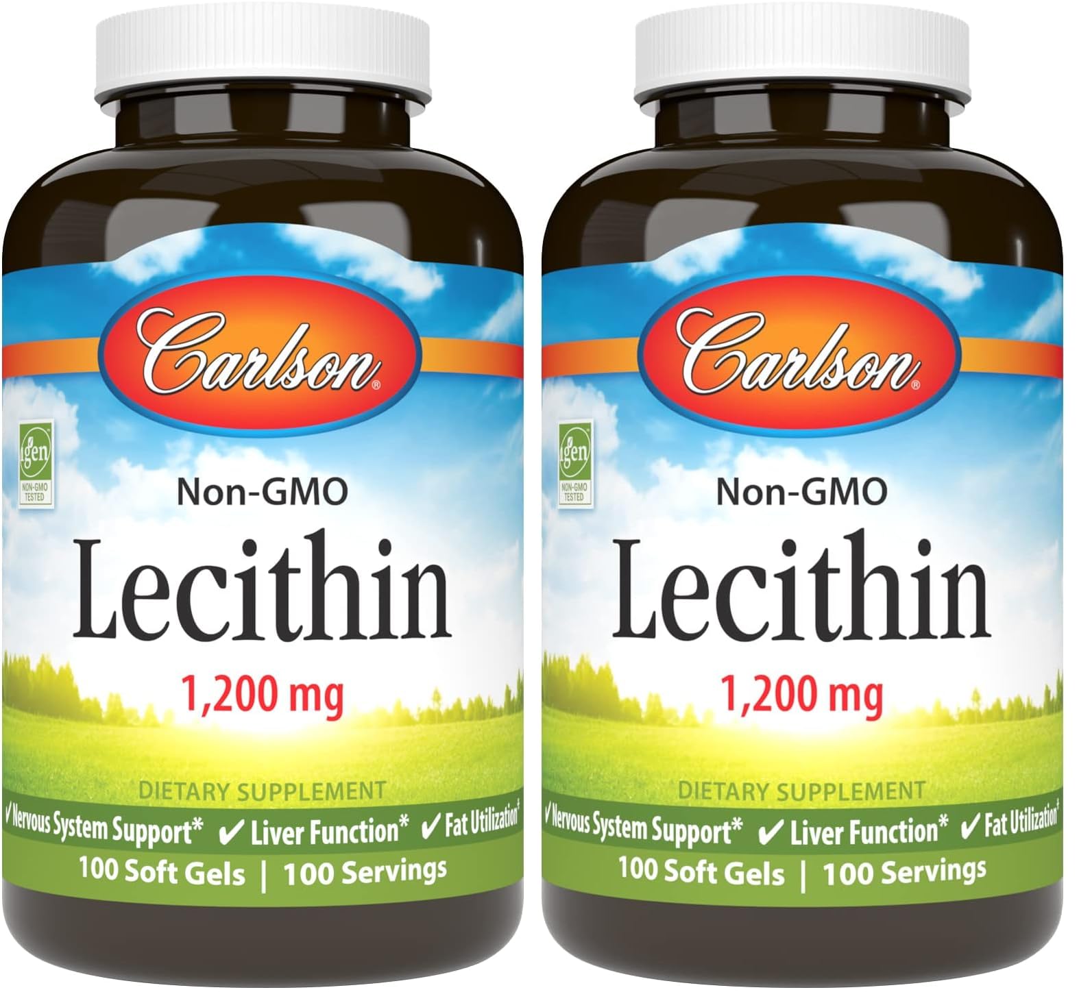 Carlson Lecithin 1200 mg Non-GMO - Nervous System & Liver Support | 100 Softgels (Pack of 2)