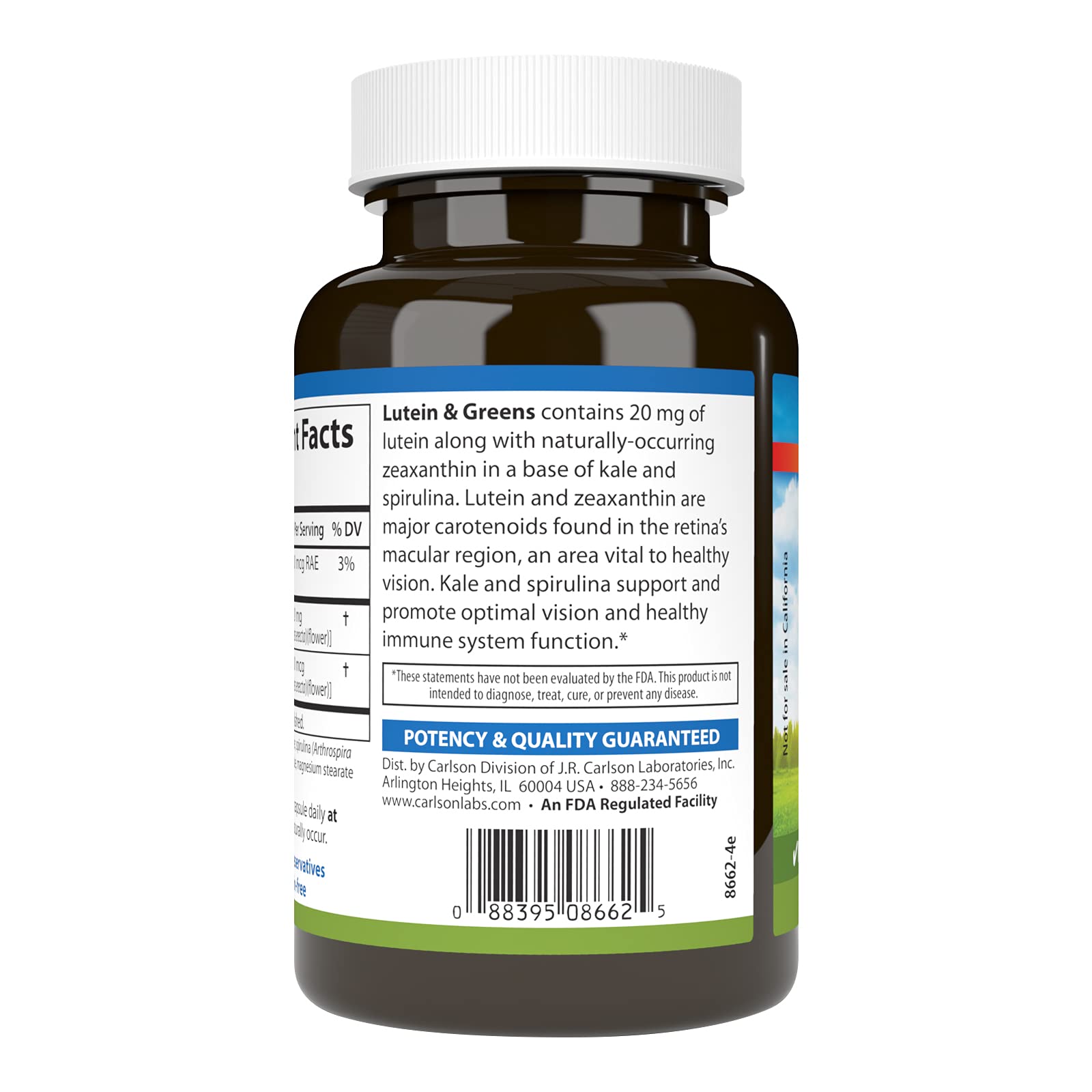 Carlson Lutein & Greens 20 mg - Vision Support & Eye Function - 180 Vegetarian Capsules
