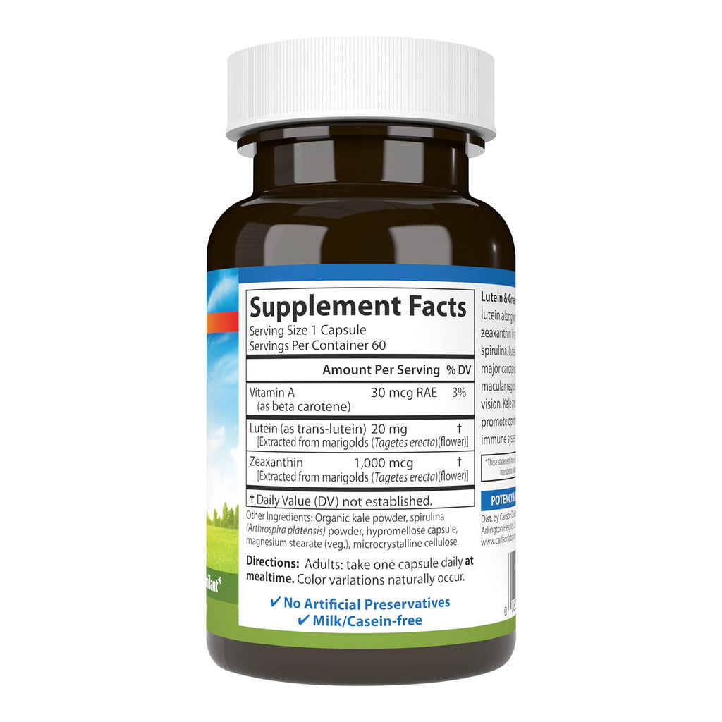 Carlson Lutein & Greens 20 mg – Vision Support | 60 Vegetarian Capsules