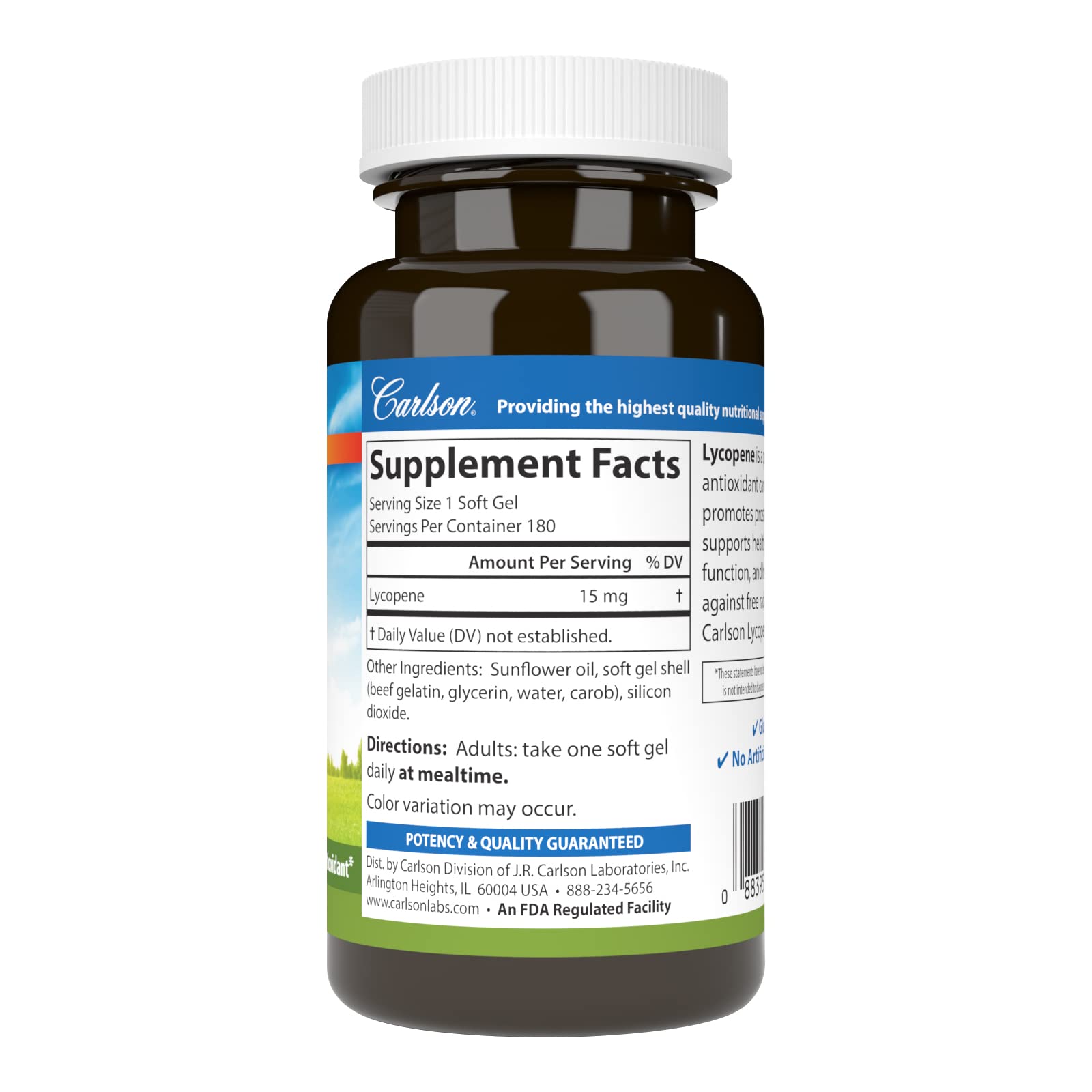 Carlson Lycopene 15 mg Tomato-Free – Prostate Health & Circulation Support, 180 Softgels