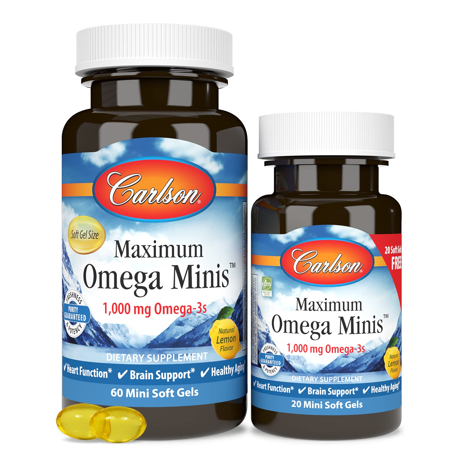 Carlson Maximum Omega Minis 1000 mg Omega-3s – Heart & Brain Support | Lemon | 60+20 Mini Softgels