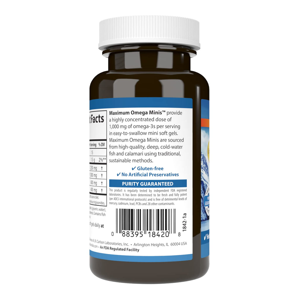 Carlson Maximum Omega Minis 1000 mg Omega-3s – Heart, Brain & Healthy Aging | Lemon, 60 Softgels