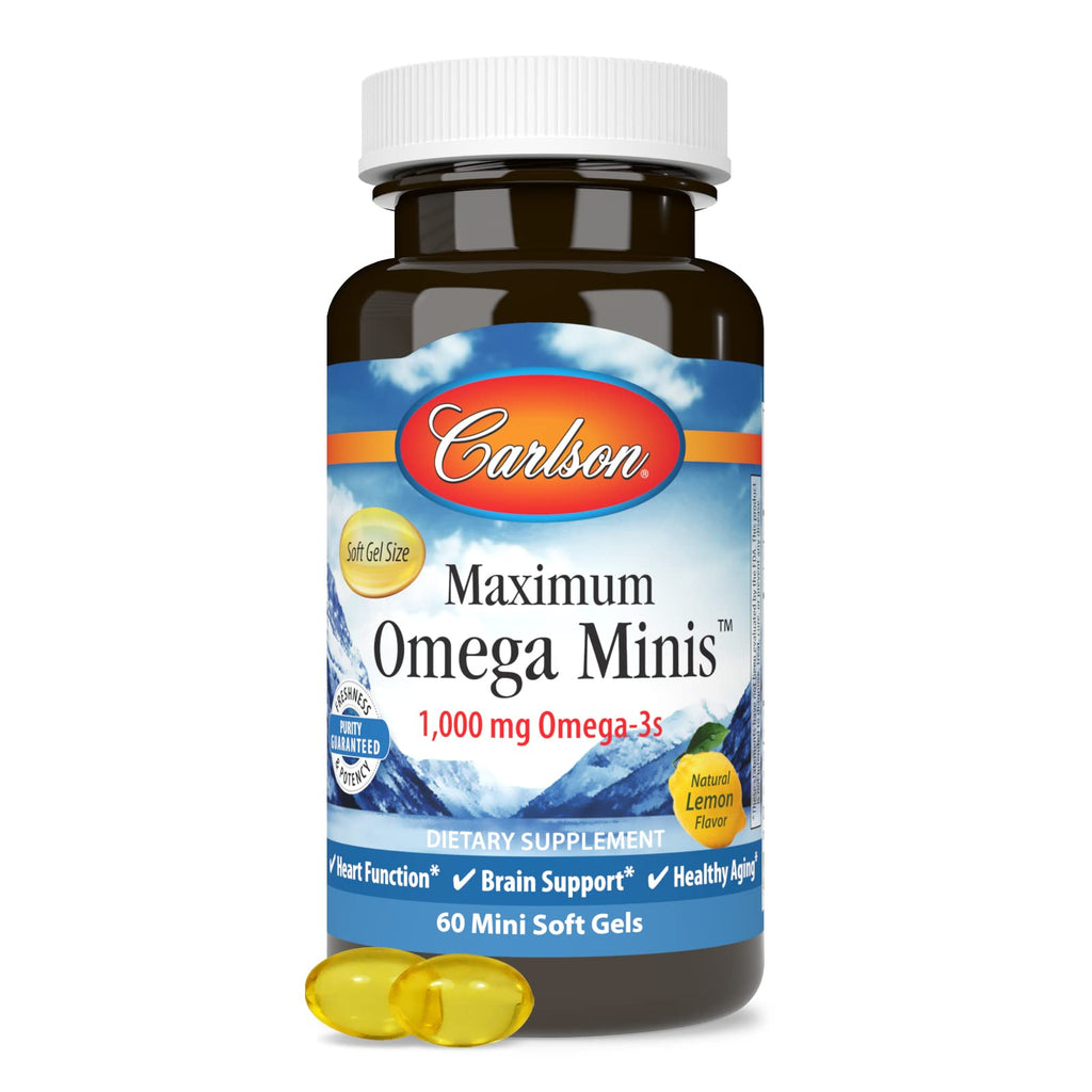 Carlson Maximum Omega Minis 1000 mg Omega-3s – Heart, Brain & Healthy Aging | Lemon, 60 Softgels