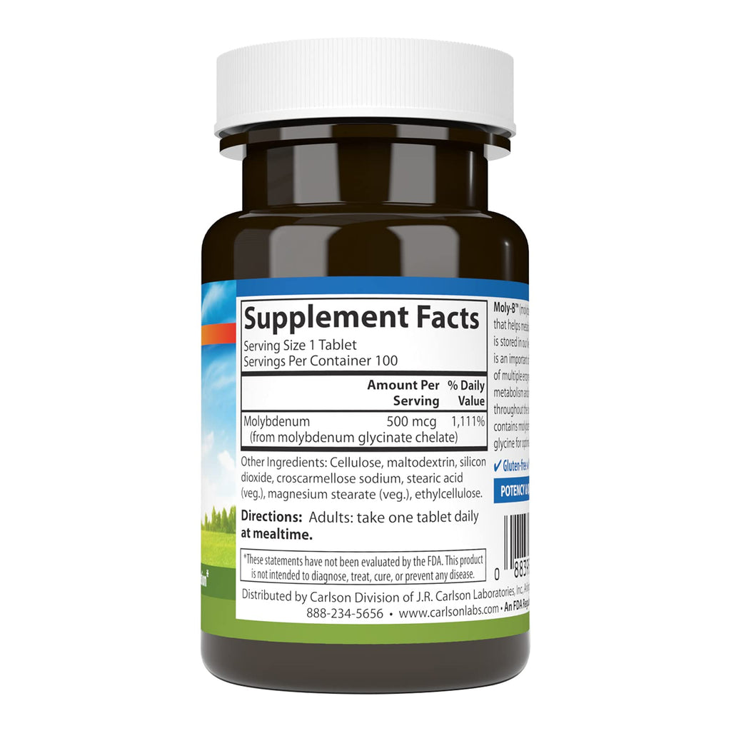 Carlson Moly-B Chelated Molybdenum – Metabolism Support & Enzyme Activation | 100 Vegetarian Tablets