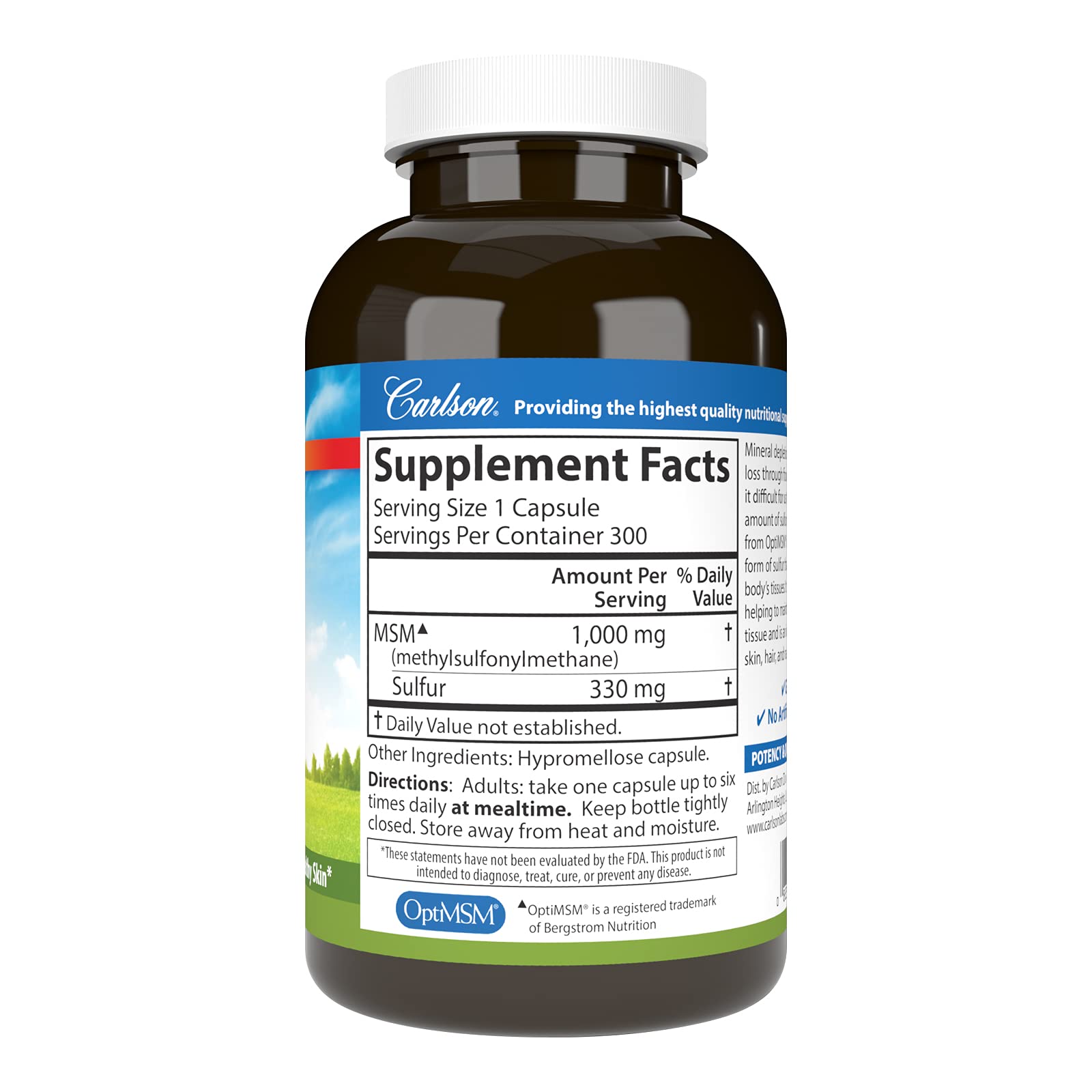 Carlson MSM Sulfur 1000 mg – Superior Bioavailability, Joint Support, Connective Tissue & Healthy Skin | 300 Vegetarian Capsules