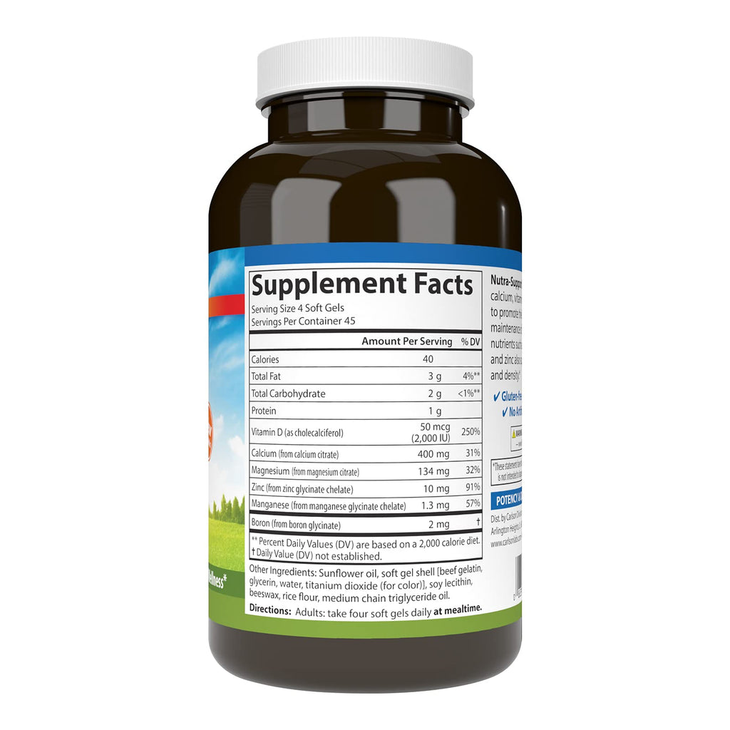 Carlson Nutra-Support Bone Calcium, Magnesium & Vitamin D3 – 180 Softgels