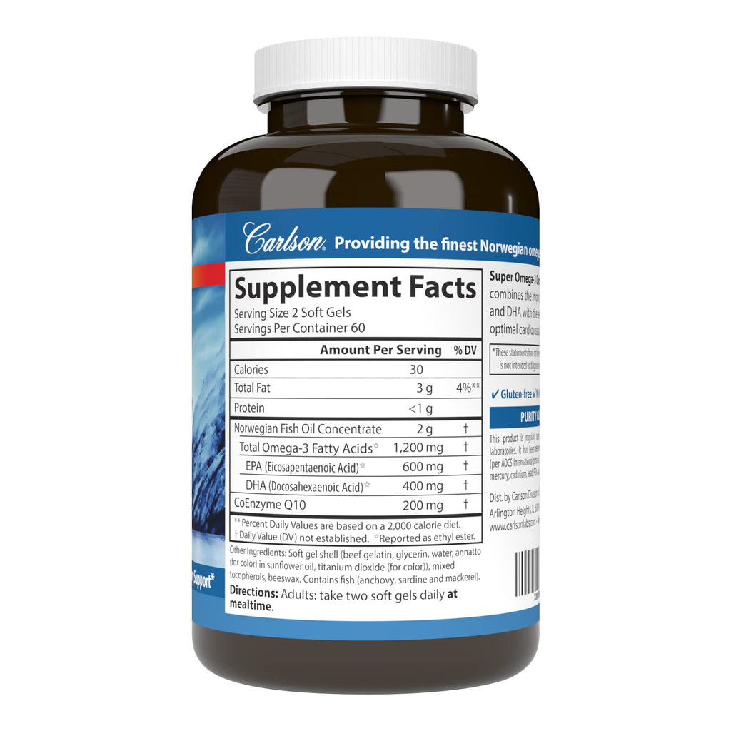 Carlson Super Omega-3 Gems + CoQ10 - 1200 mg Omega-3s, 200 mg CoQ10 | 120 Softgels