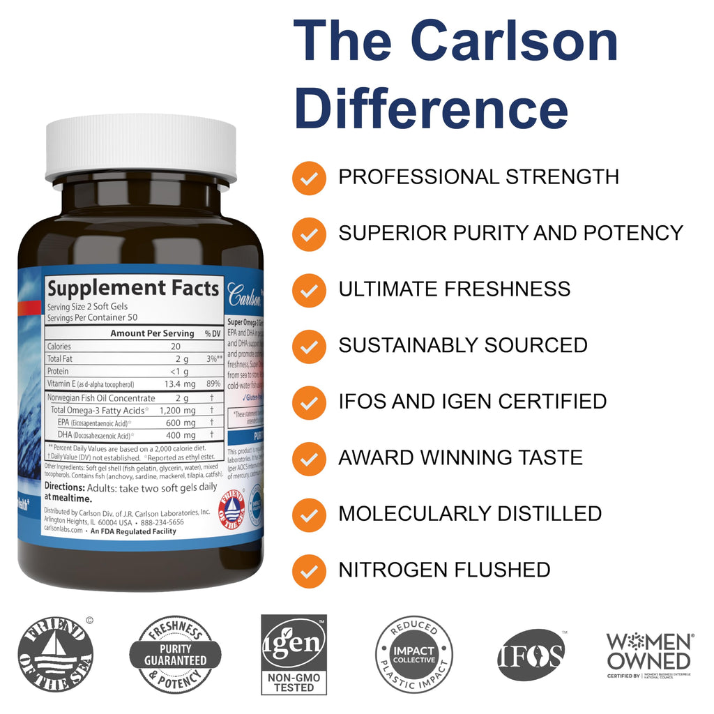 Carlson Super Omega-3 Gems – Pescetarian Norwegian 1,200 mg | 100 + 30 Soft Gels