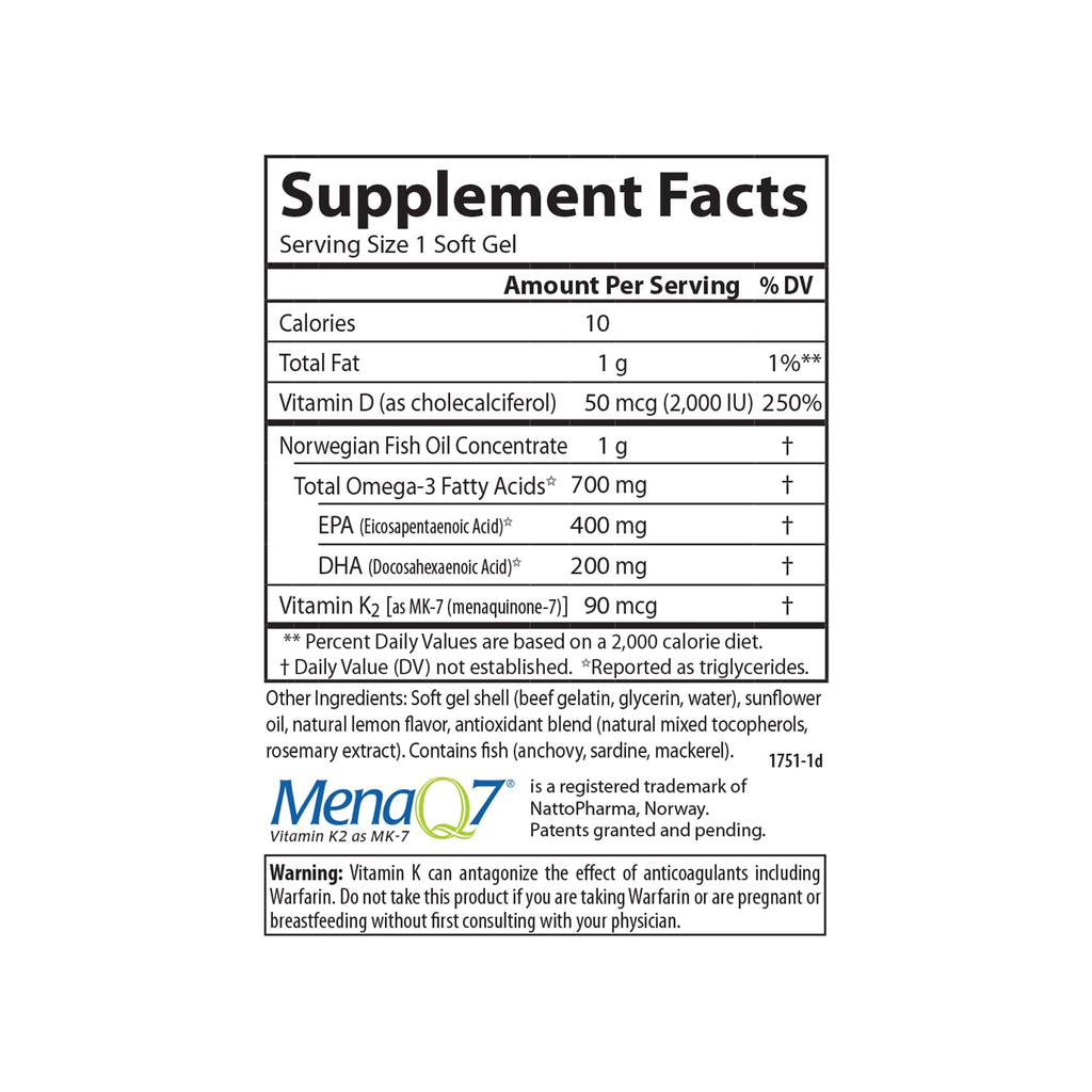 Carlson Elite Omega-3 Plus D & K – 700 mg Omega-3s, D3 & K2, Lemon, 60 Softgels