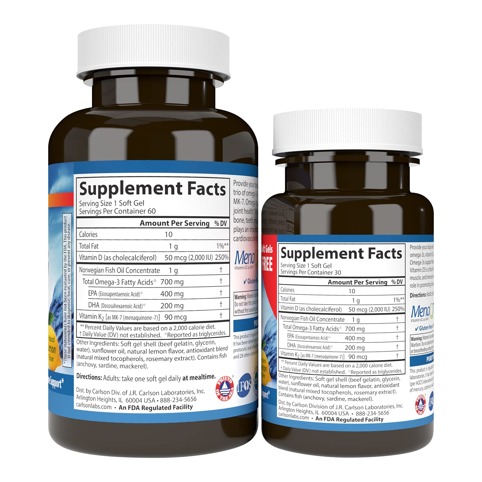 Carlson Elite Omega-3 Plus D & K - 700 mg EPA/DHA + D3 & K2, Lemon | Bone Health & Immune Support