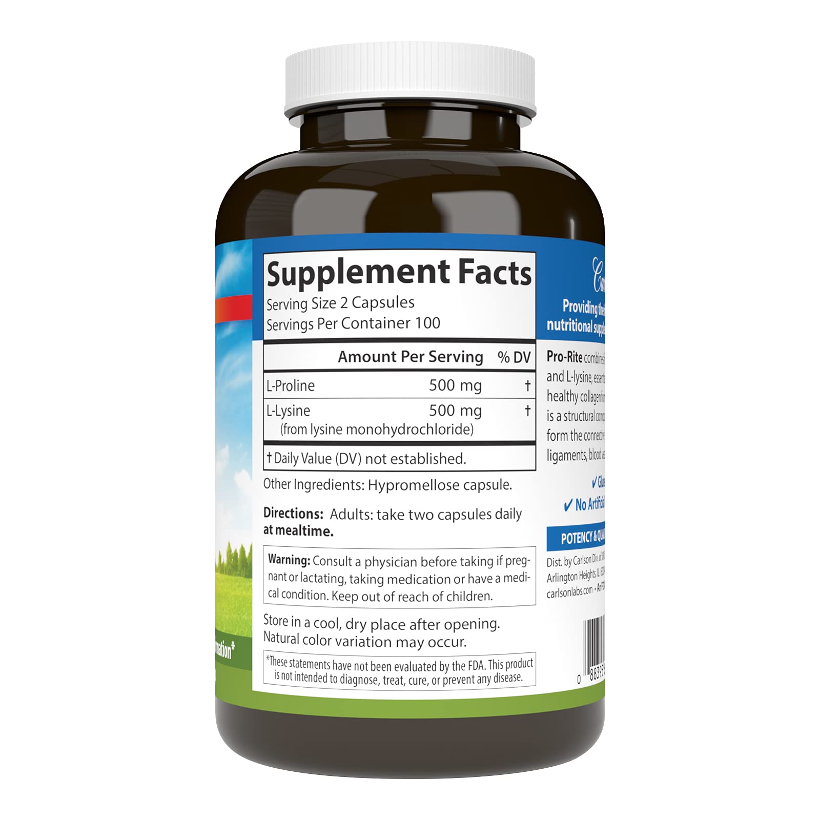 Carlson Pro-Rite: L-lysine & L-proline for Joint Support - 200 Capsules