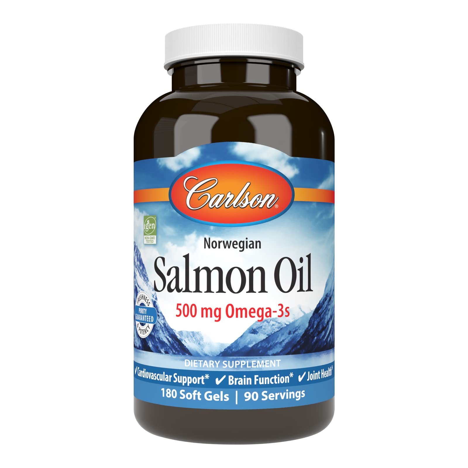 Carlson Salmon Oil 500 mg Omega-3 — Norwegian Wild-Caught, Sustainably Sourced, 180 Softgels
