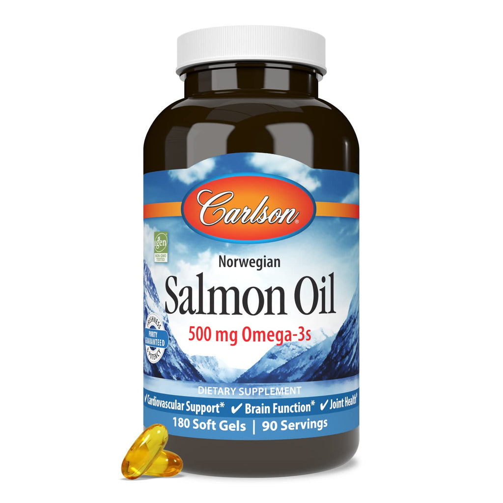 Carlson Salmon Oil 500 mg Omega-3 — Norwegian Wild-Caught, Sustainably Sourced, 180 Softgels