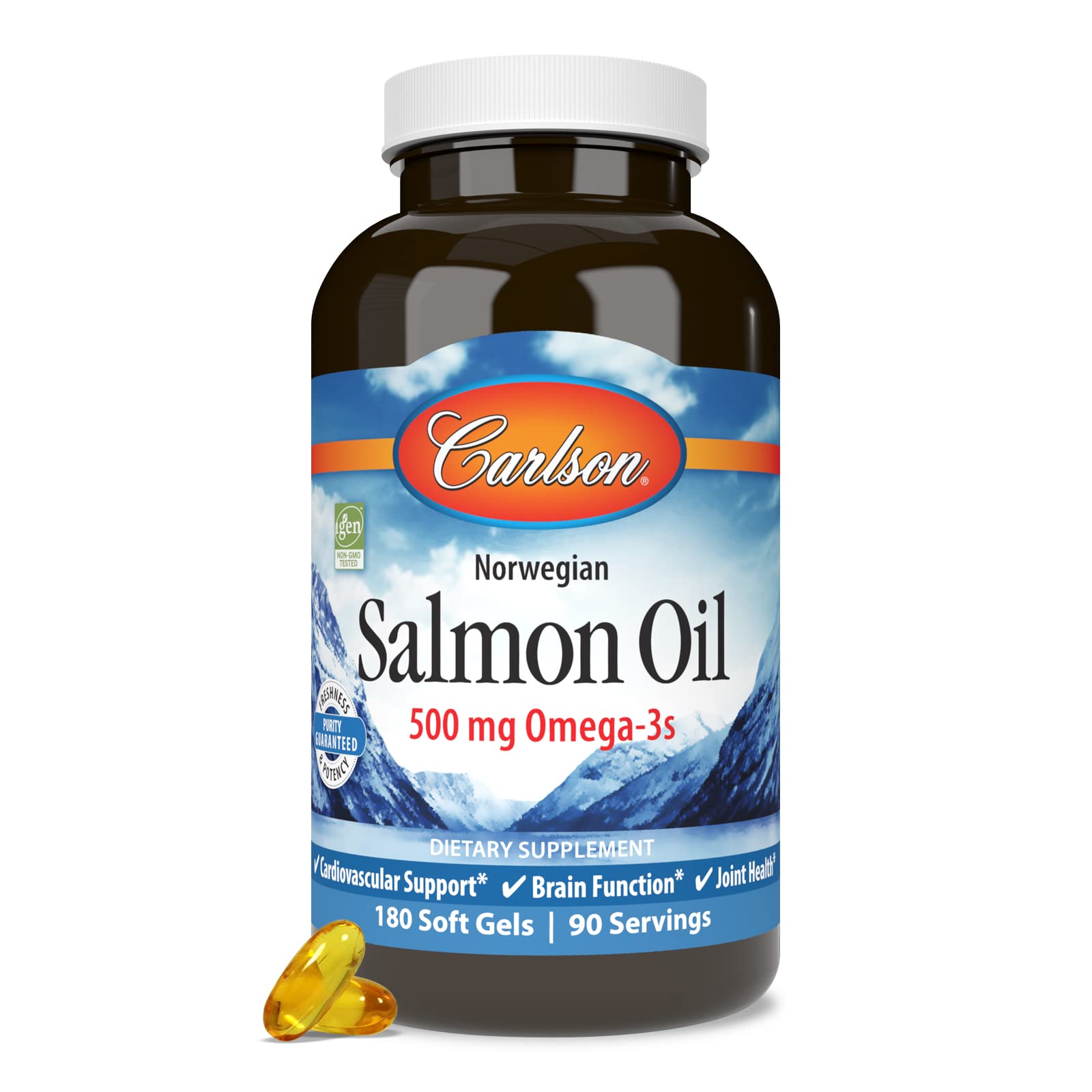 Carlson Salmon Oil 500 mg Omega-3 — Norwegian Wild-Caught, Sustainably Sourced, 180 Softgels
