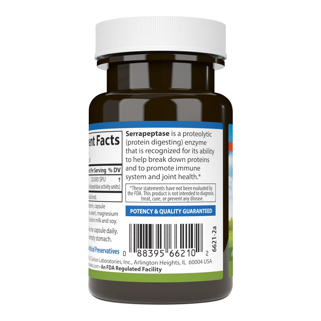 Carlson Serrapeptase 120000 SPUs - Delayed Release, Immune & Joint Support, 30 Vegetarian Capsules