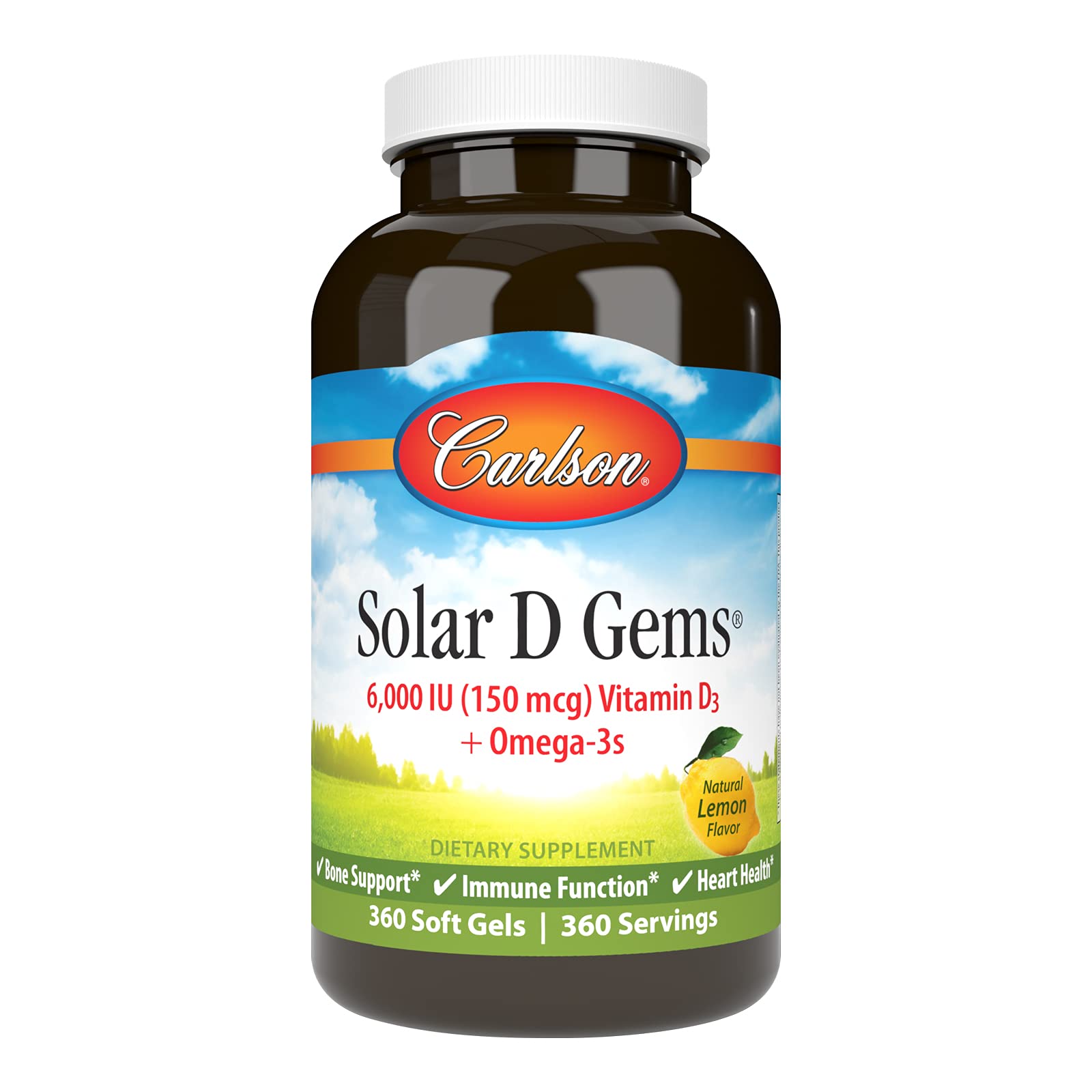 Carlson Solar D Gems: Vitamin D3 6000 IU + Omega-3 (EPA/DHA), Lemon, 360 Softgels