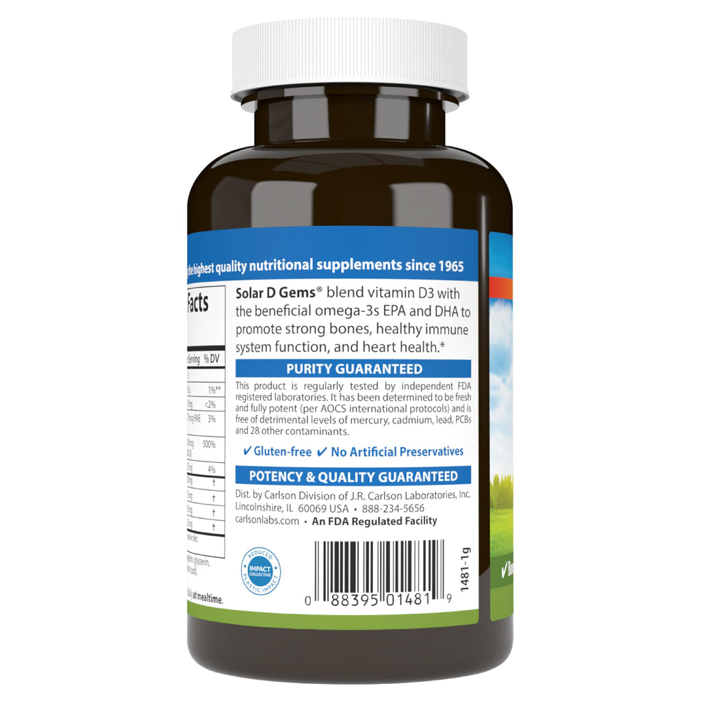 Carlson Solar D Gems - Vitamin D3 4000 IU + Omega-3 115 mg | Lemon Softgels