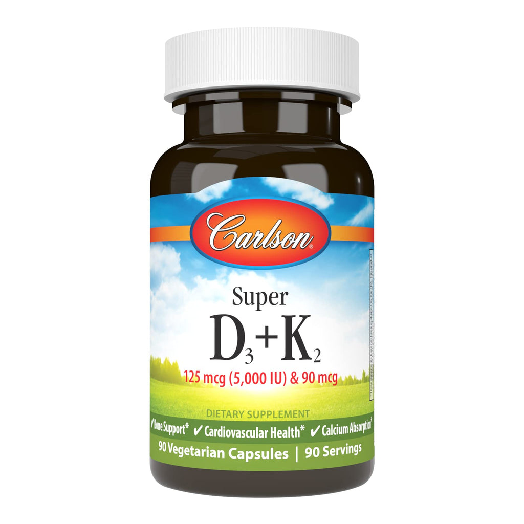 Carlson Super D3 + K2: Vitamin D3 5000 IU & K2 MK-7, 90 Veg Capsules