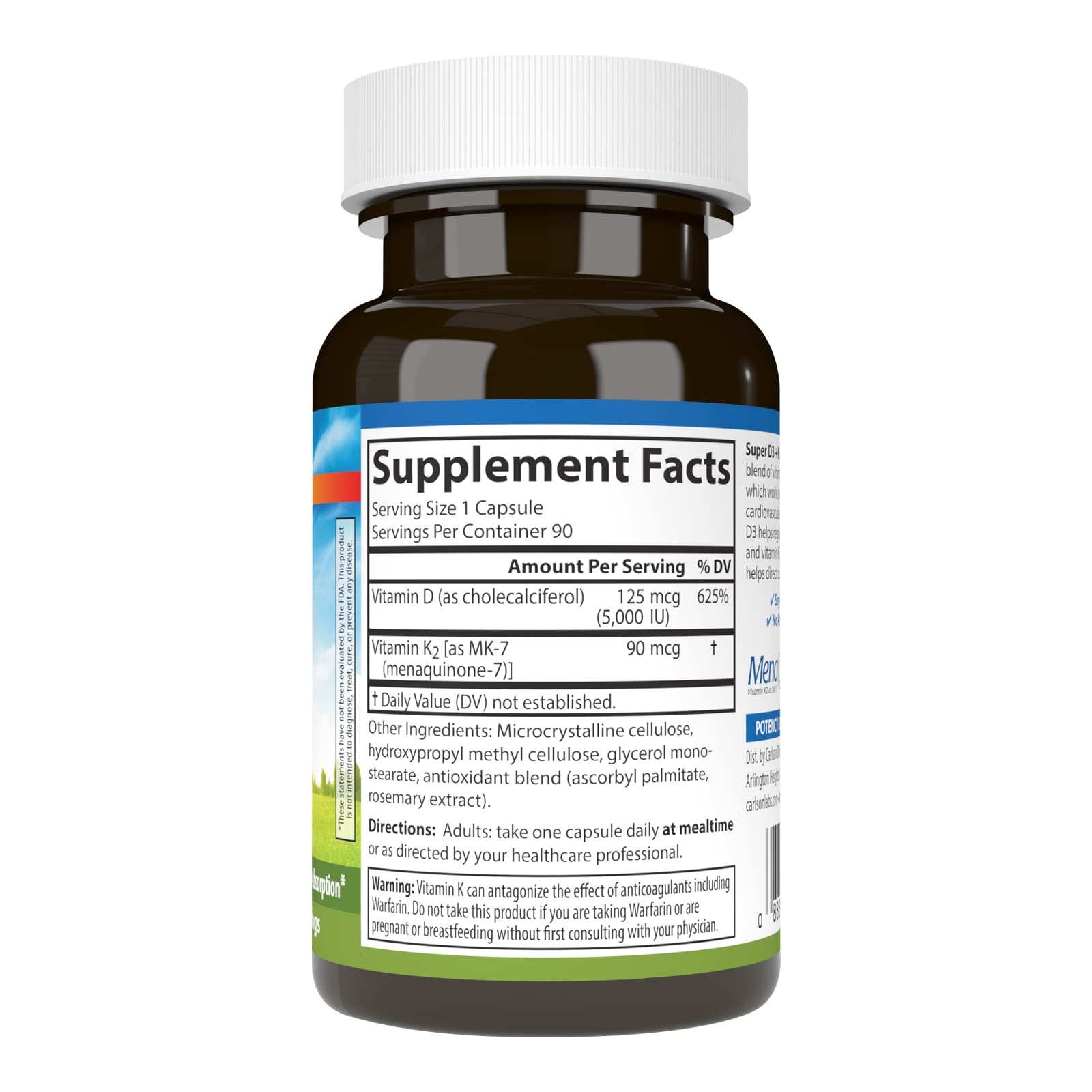 Carlson Super D3 + K2: Vitamin D3 5000 IU & K2 MK-7, 90 Veg Capsules