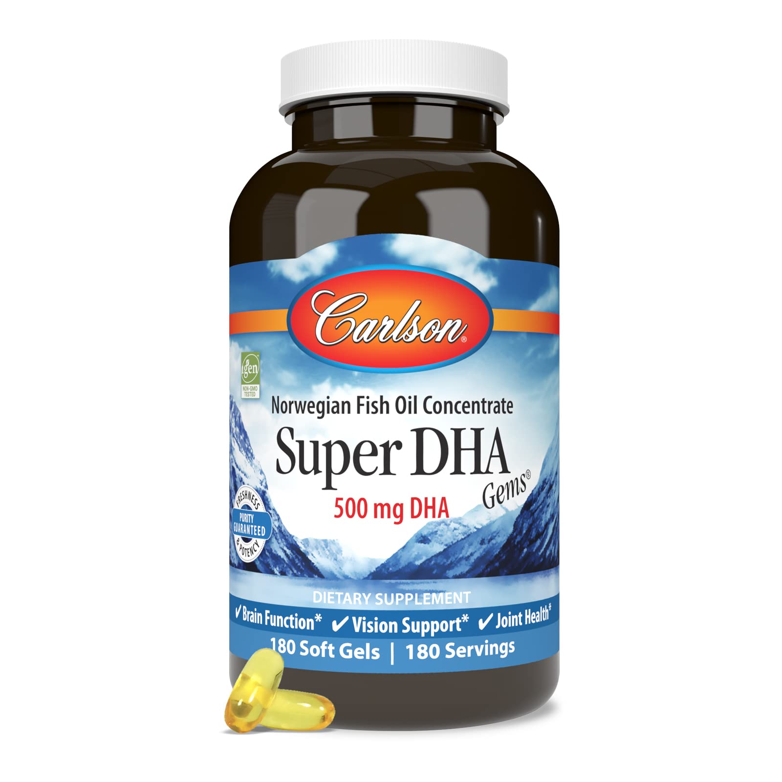Carlson Super DHA Gems – 500 mg DHA, Wild-Caught Arctic Omega-3, 180 Softgels