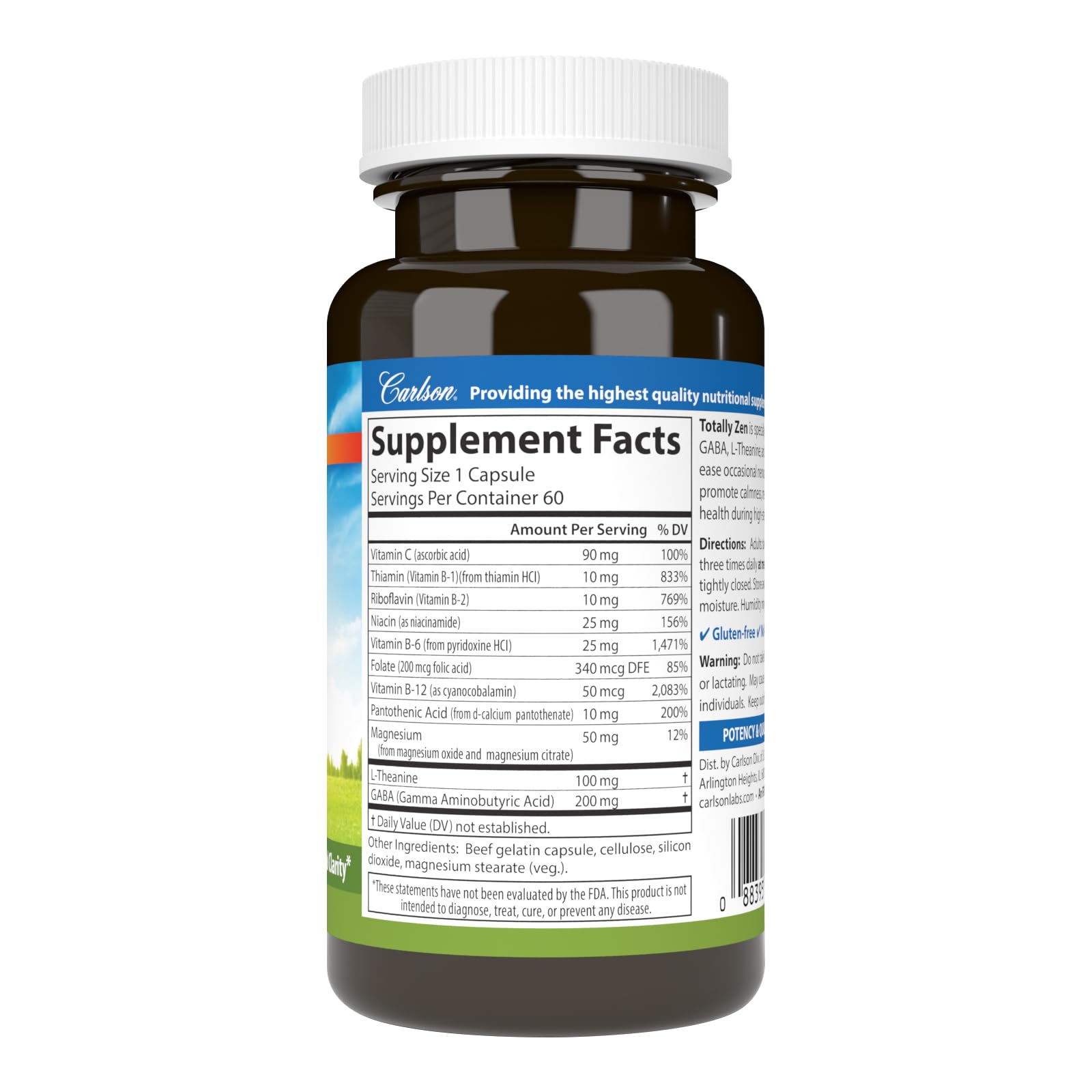 Carlson Totally Zen – GABA, L-Theanine & B Vitamins | Calm Mood & Mental Clarity | 60 Capsules