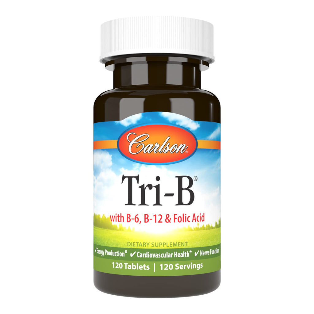 Carlson Tri-B B-Complex Vitamins | B6 B12 Folic Acid - 120 Tablets | Heart Health
