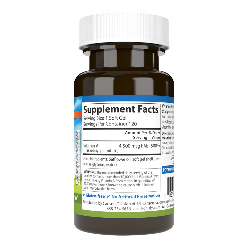 Carlson Vitamin A Palmitate 15000 IU | Vision Health & Healthy Skin | 120 Softgels