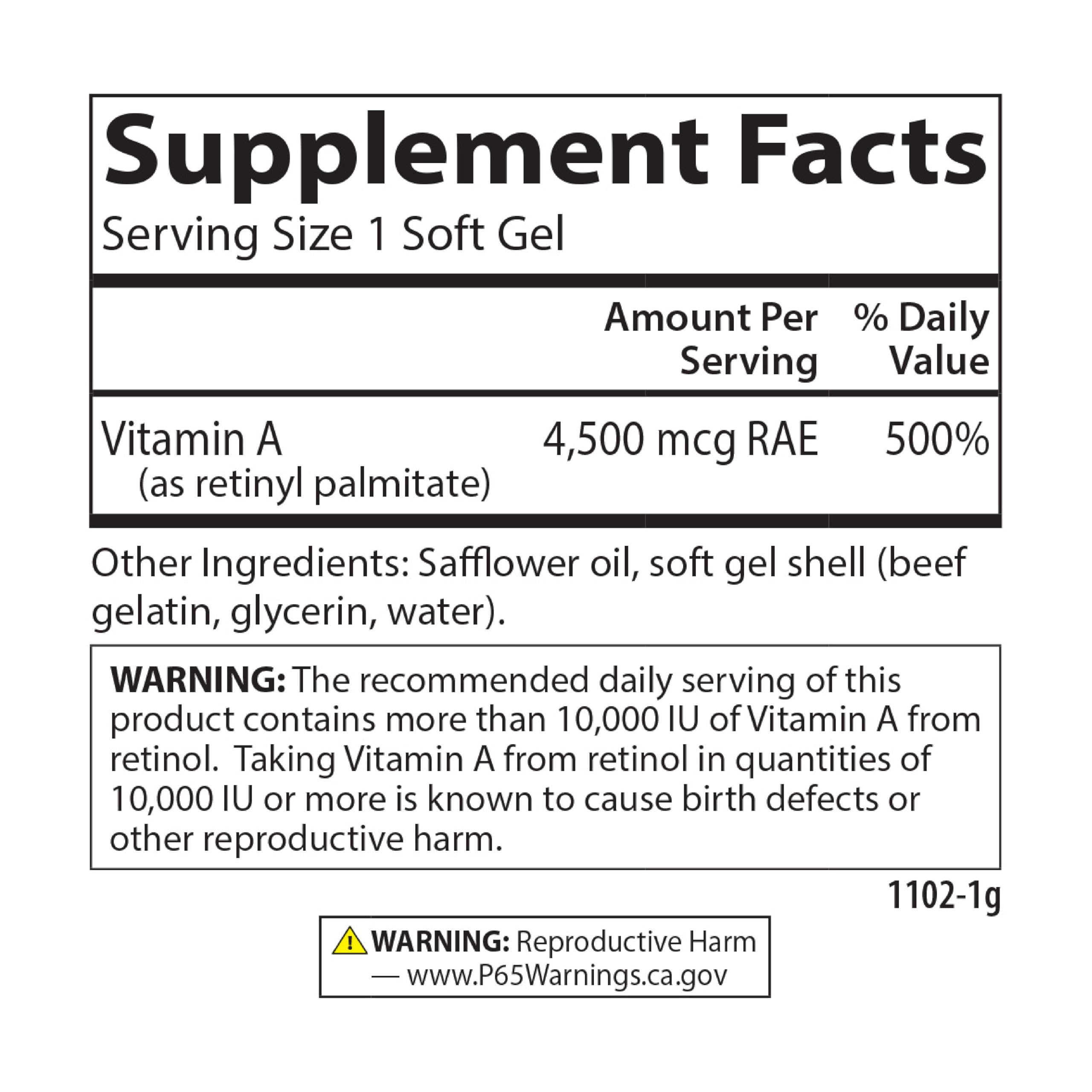 Carlson Vitamin A Palmitate 15000 IU (4500 mcg RAE) - Vision Health, Skin & Immune Support | 240 Softgels (Pack of 2)