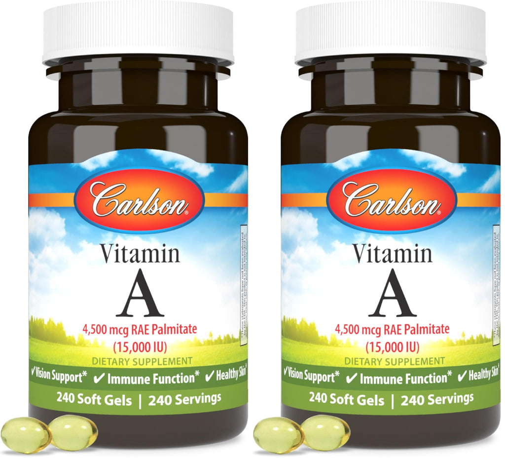 Carlson Vitamin A Palmitate 15000 IU (4500 mcg RAE) - Vision Health, Skin & Immune Support | 240 Softgels (Pack of 2)