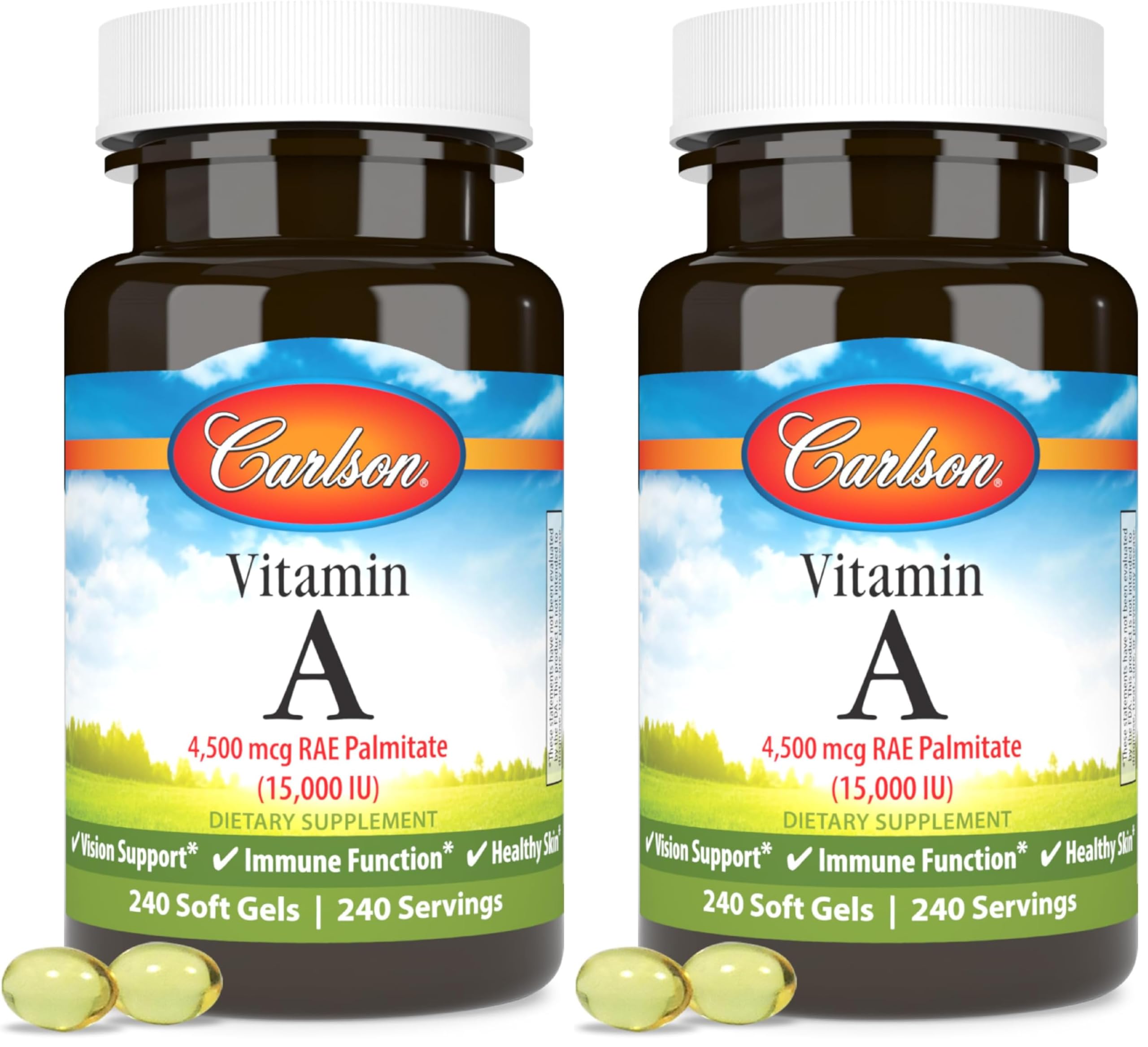 Carlson Vitamin A Palmitate 15000 IU (4500 mcg RAE) - Vision Health, Skin & Immune Support | 240 Softgels (Pack of 2)