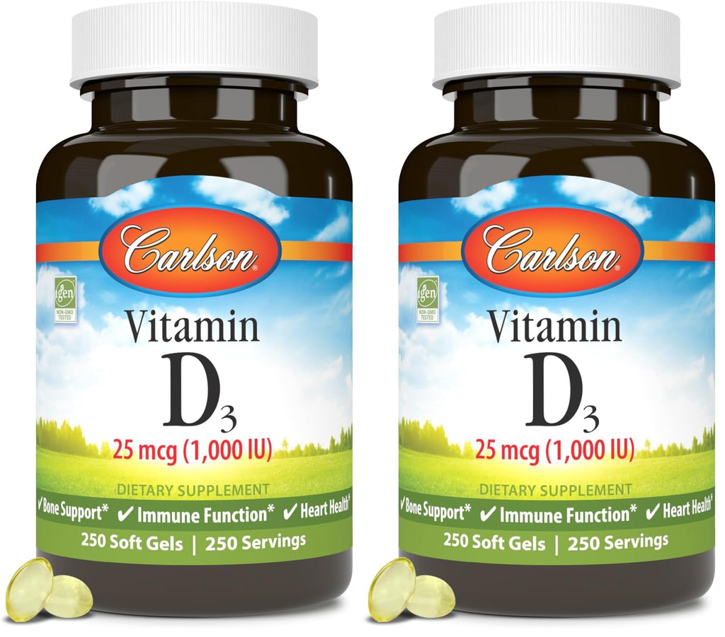 Carlson Vitamin D3 1000 IU Soft Gels – Bone & Muscle Health (2-Pack, 250 Softgels Each)