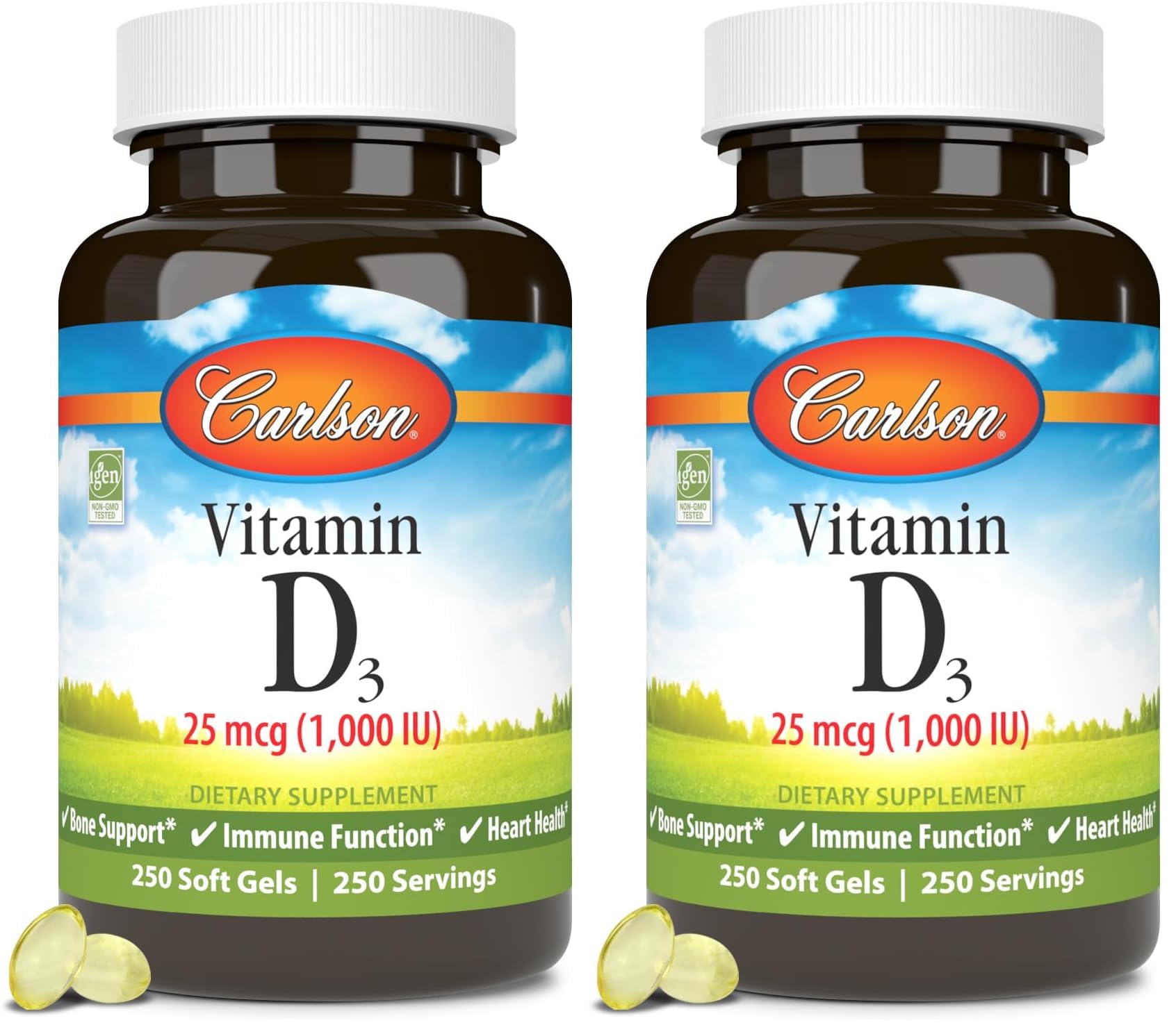 Carlson Vitamin D3 1000 IU Soft Gels – Bone & Muscle Health (2-Pack, 250 Softgels Each)