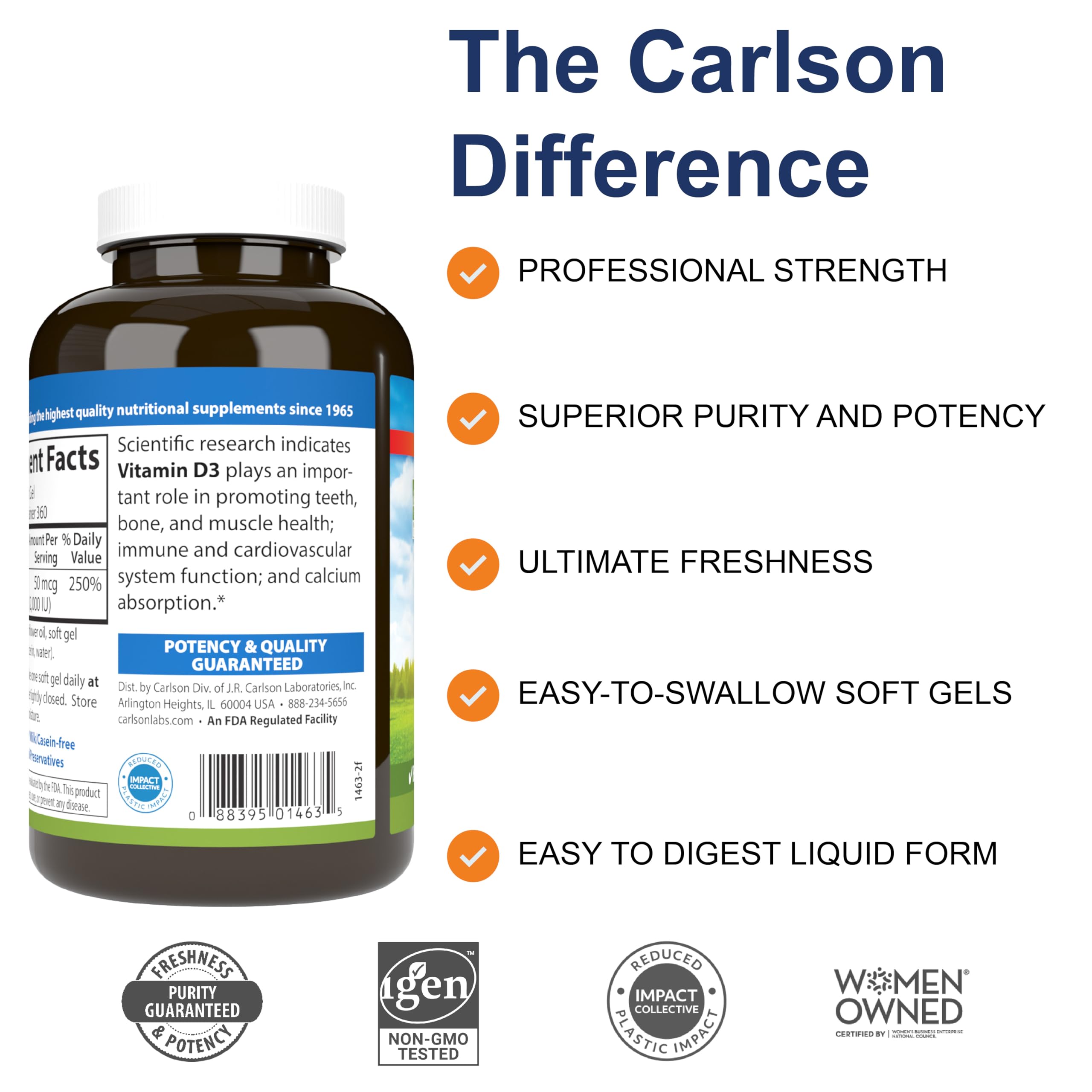 Carlson Vitamin D3 2000 IU – 360 Softgels | Bone & Immune Health