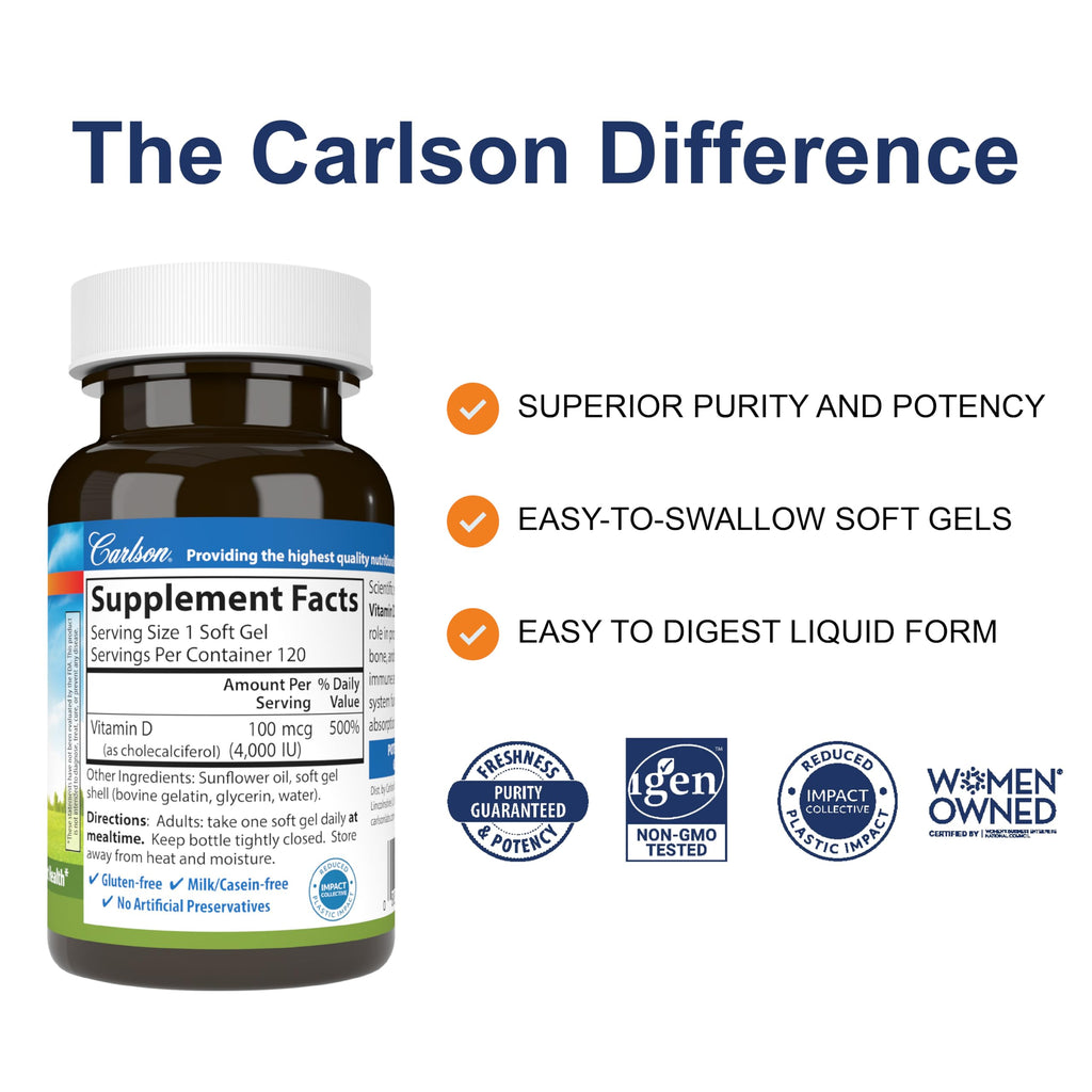 Carlson Vitamin D3 4000 IU (100 mcg) - 120 Softgels | Gluten Free