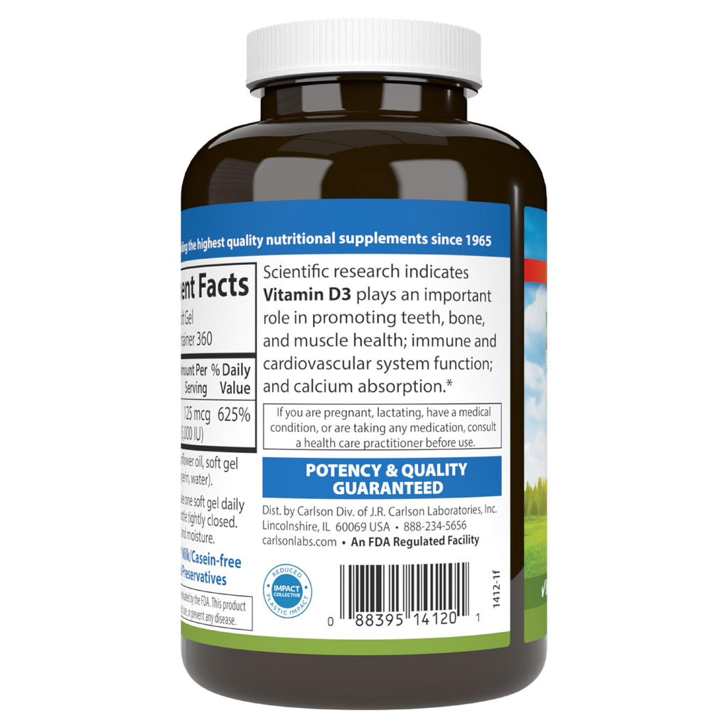 Carlson Vitamin D3 5000 IU Soft Gels – Bone & Muscle Health (360 Softgels)
