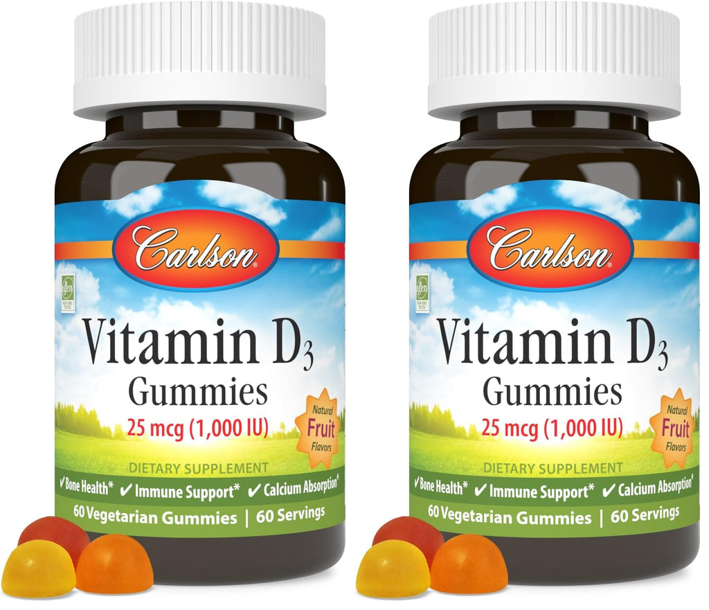 Carlson Vitamin D3 Gummies 1000 IU – Bone Health & Immune Support (Pack of 2, 60 Veg Gummies)